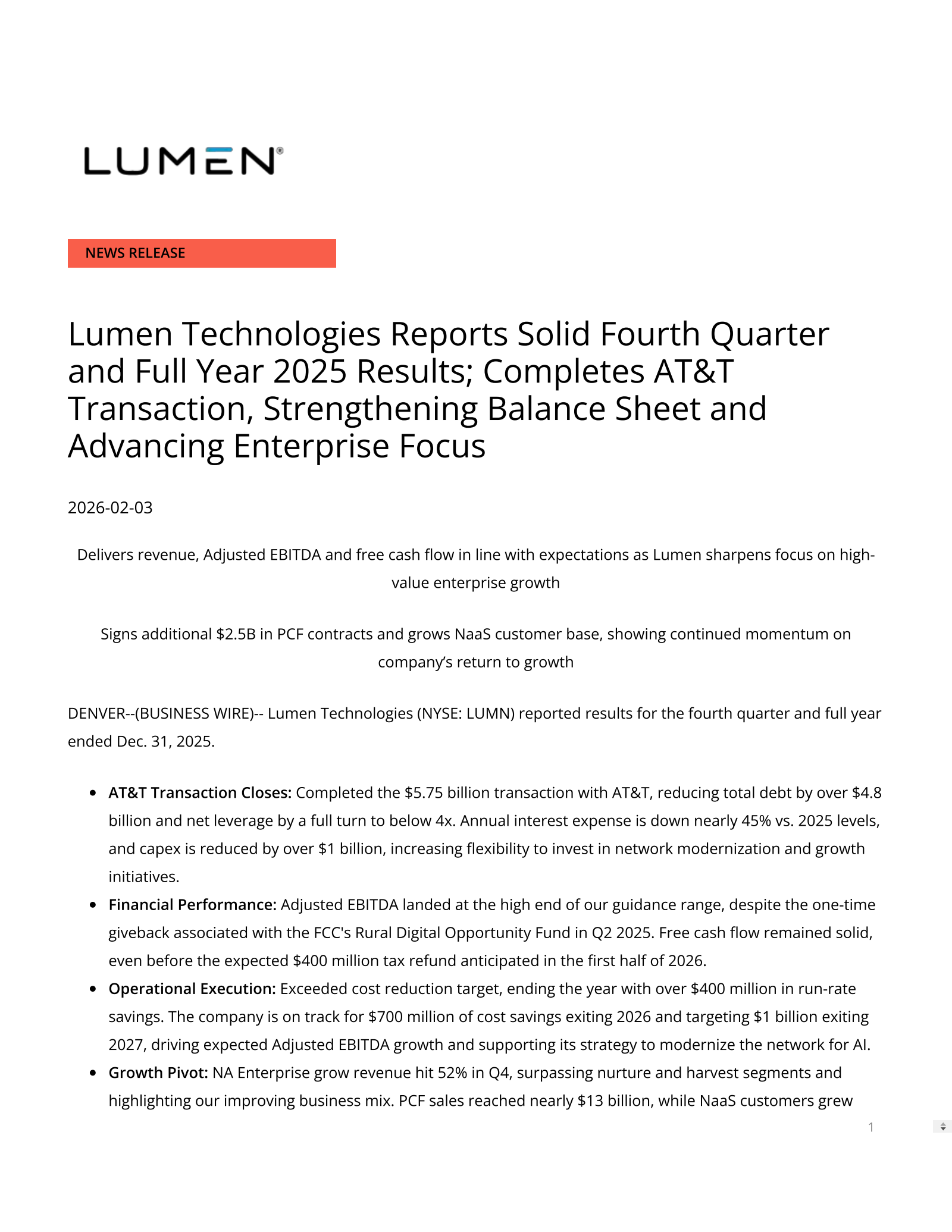 Lumen Technologies' Q4 2025 Press Release