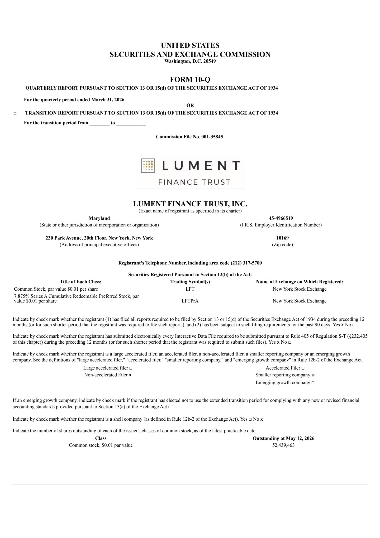 Lument Finance Trust's Q1 2026 Quarterly report