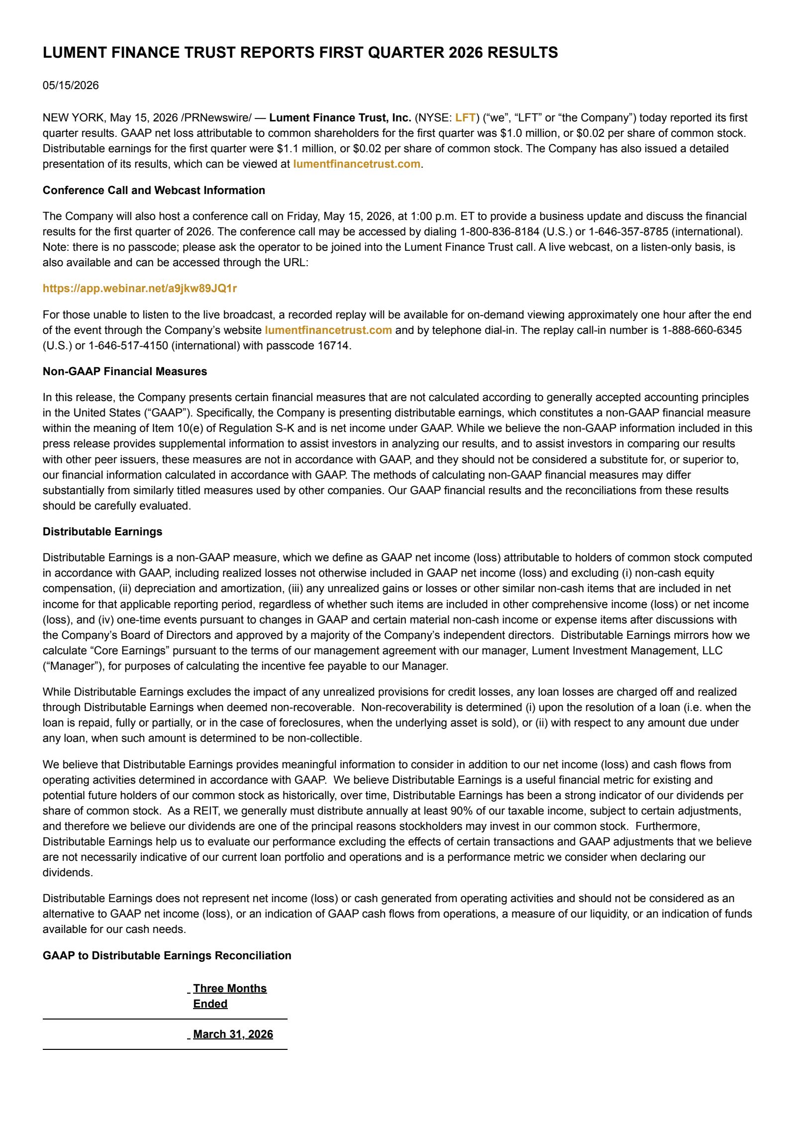 Lument Finance Trust's Q1 2026 Press Release