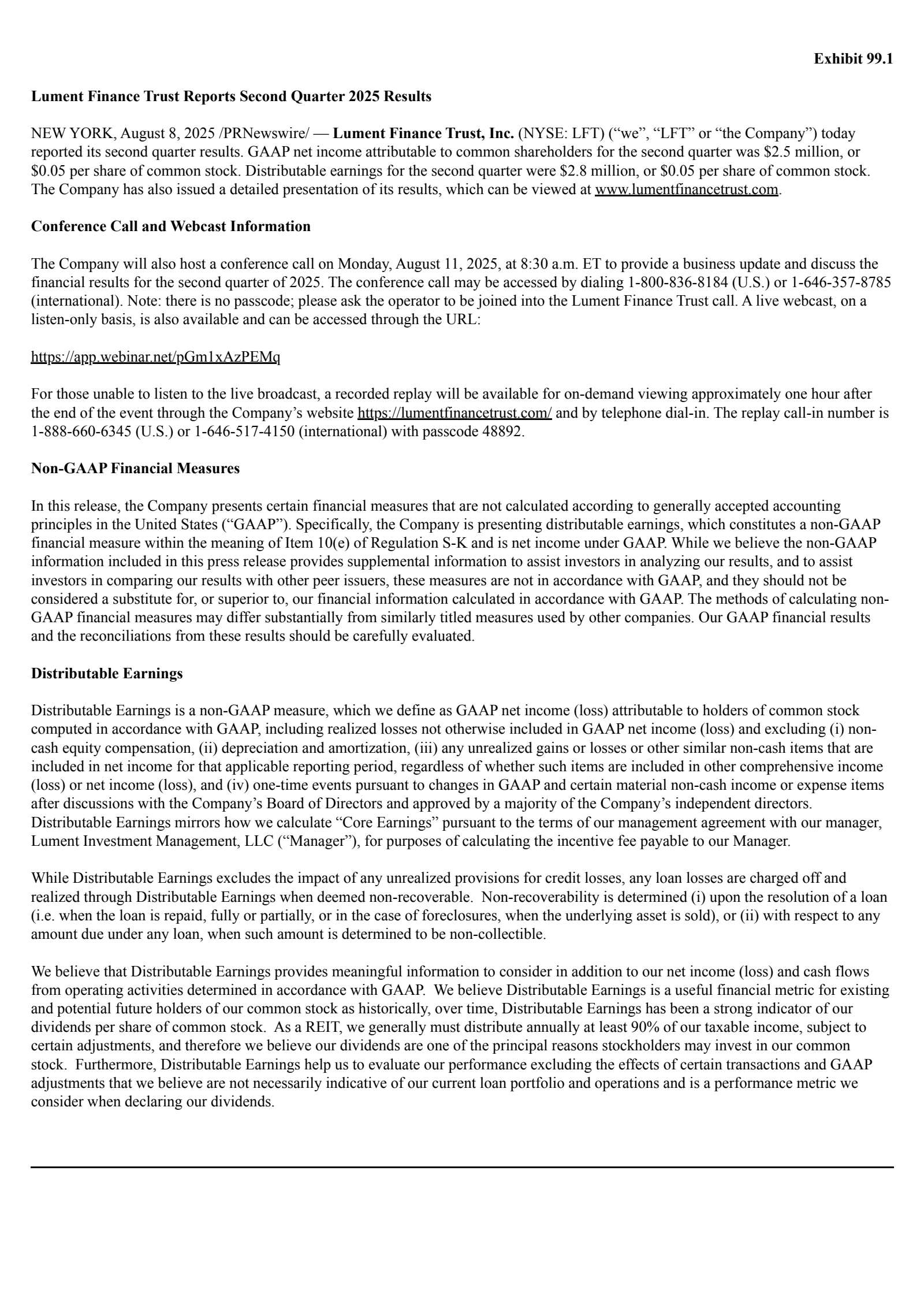 Lument Finance Trust's Q2 2025 Press Release
