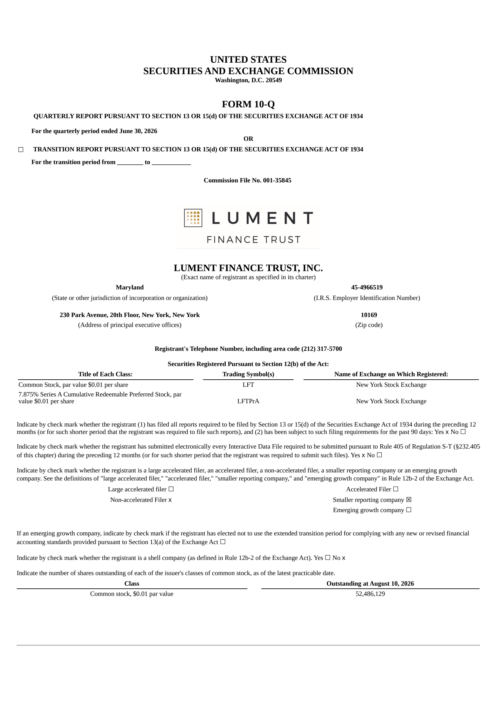 Lument Finance Trust's Q2 2026 Quarterly report