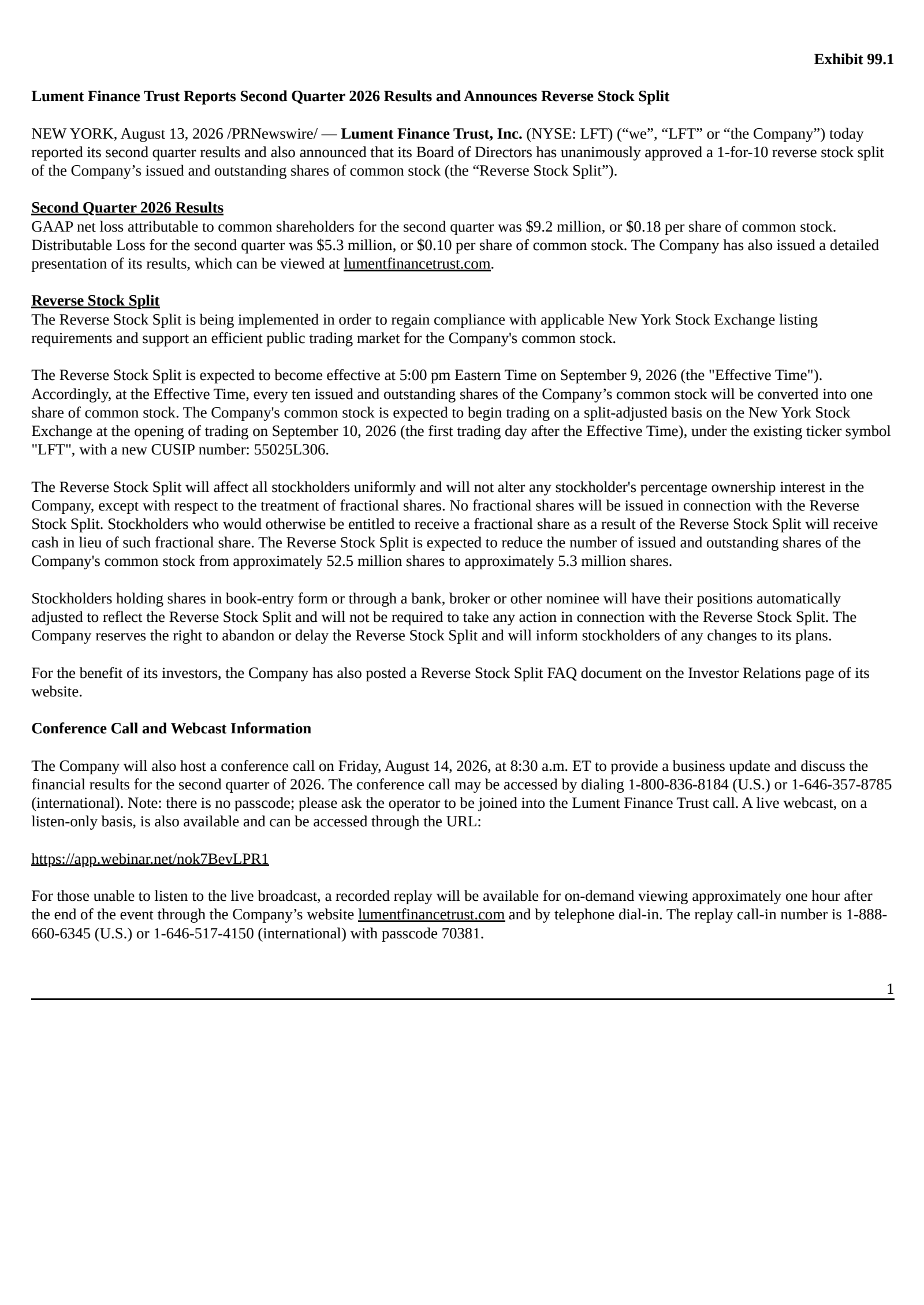 Lument Finance Trust's Q2 2026 Press Release