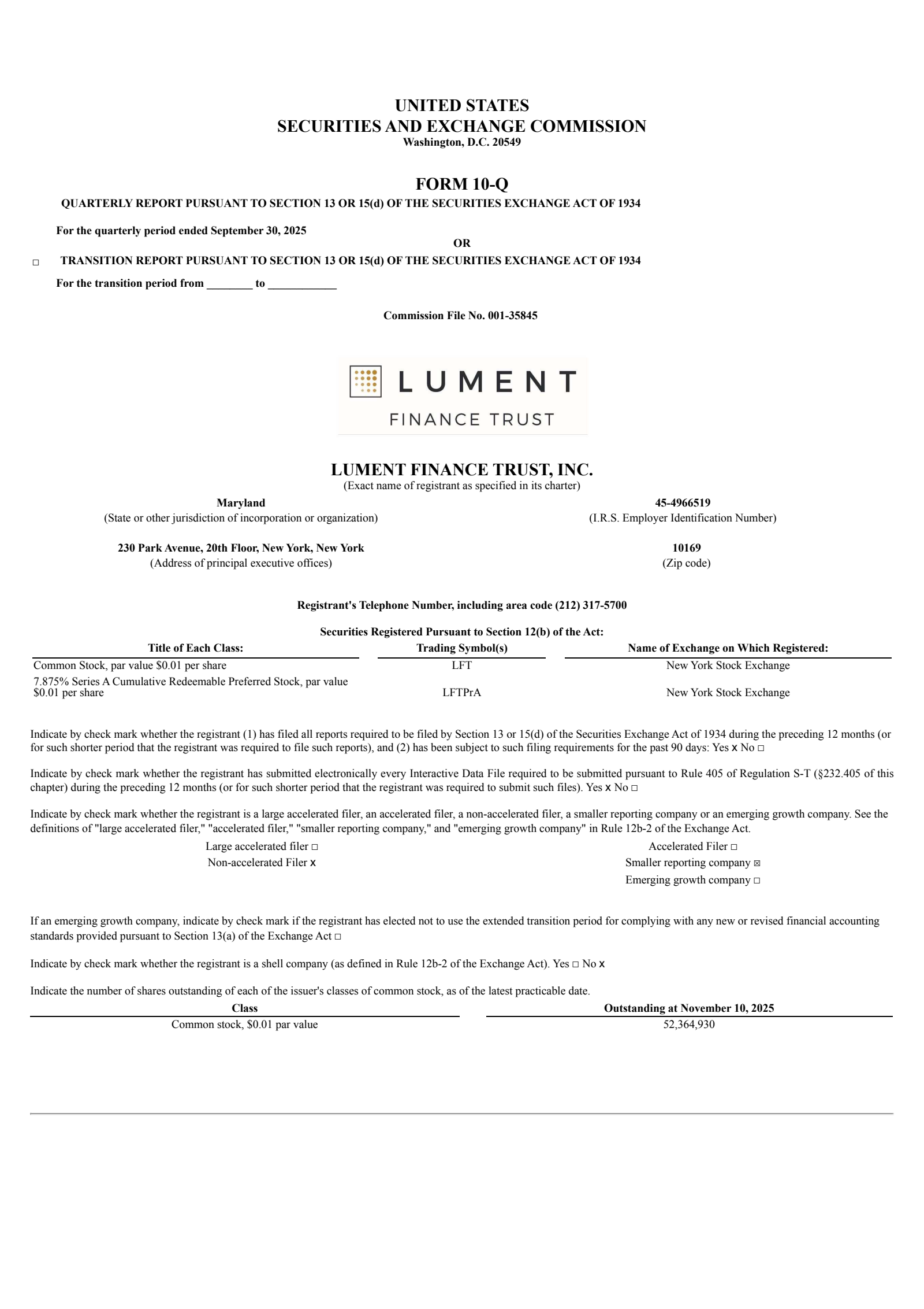 Lument Finance Trust's Q3 2025 Quarterly Report