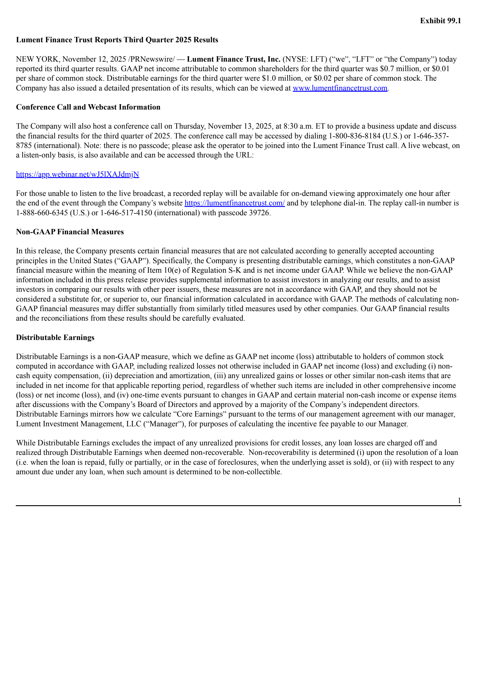 Lument Finance Trust's Q3 2025 Earnings Release
