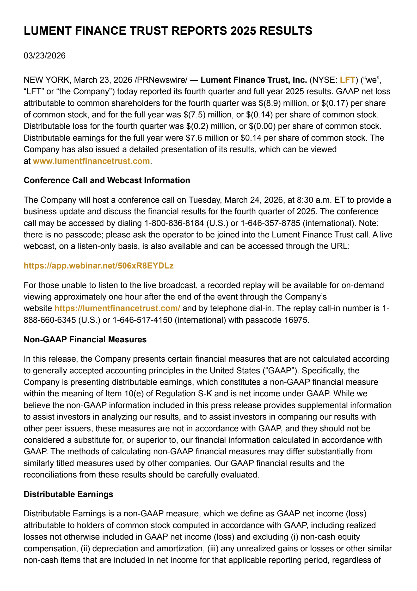 Lument Finance Trust's Q4 2025 Press Release