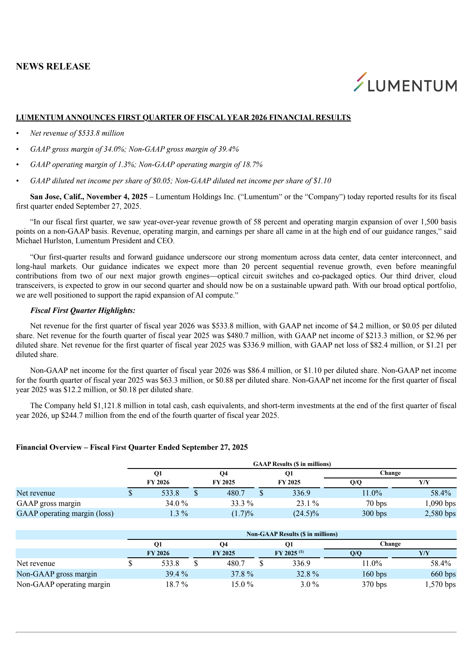 Lumentum's Q1 2026 Earnings Release