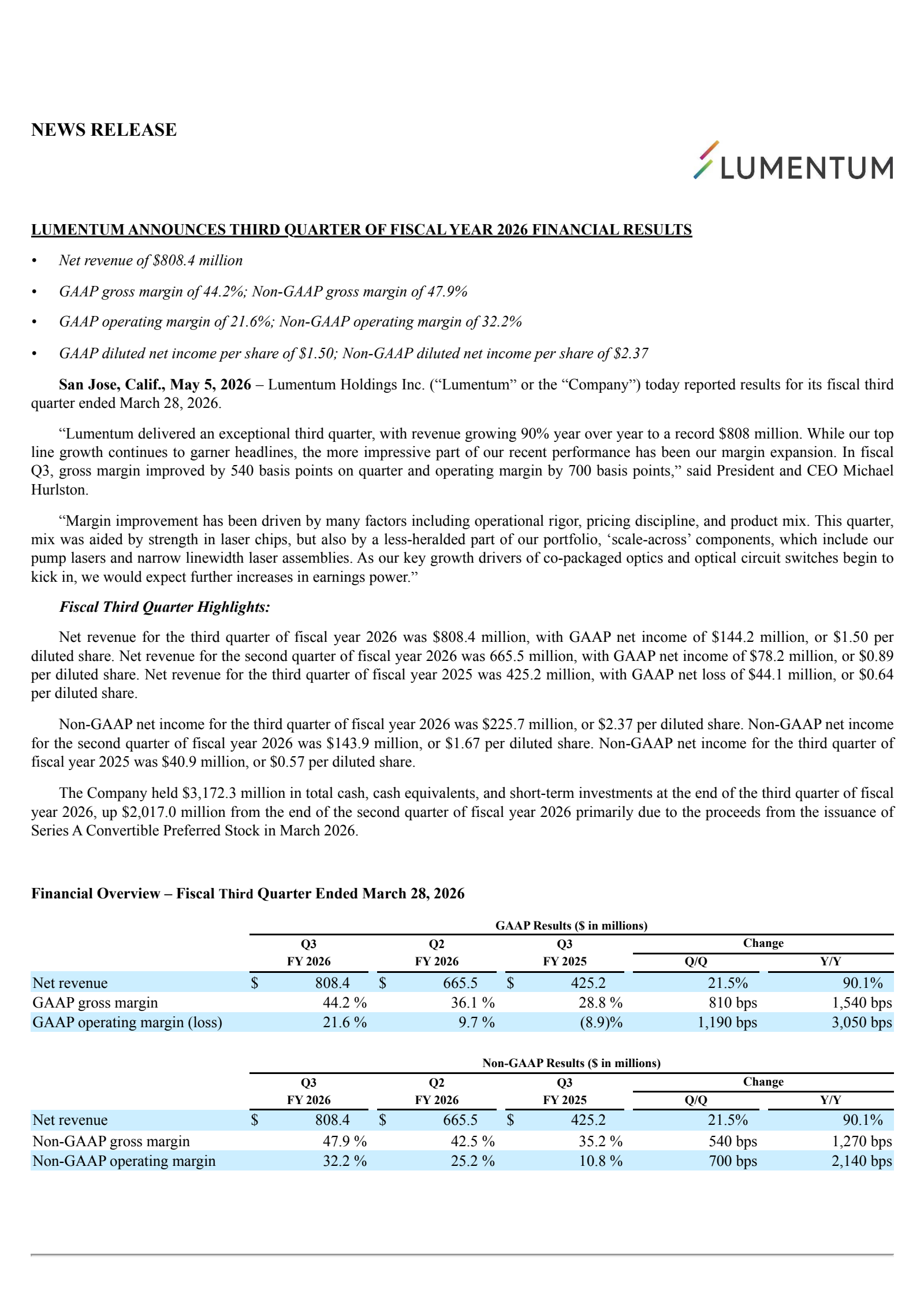 Lumentum's Q3 2026 Press Release