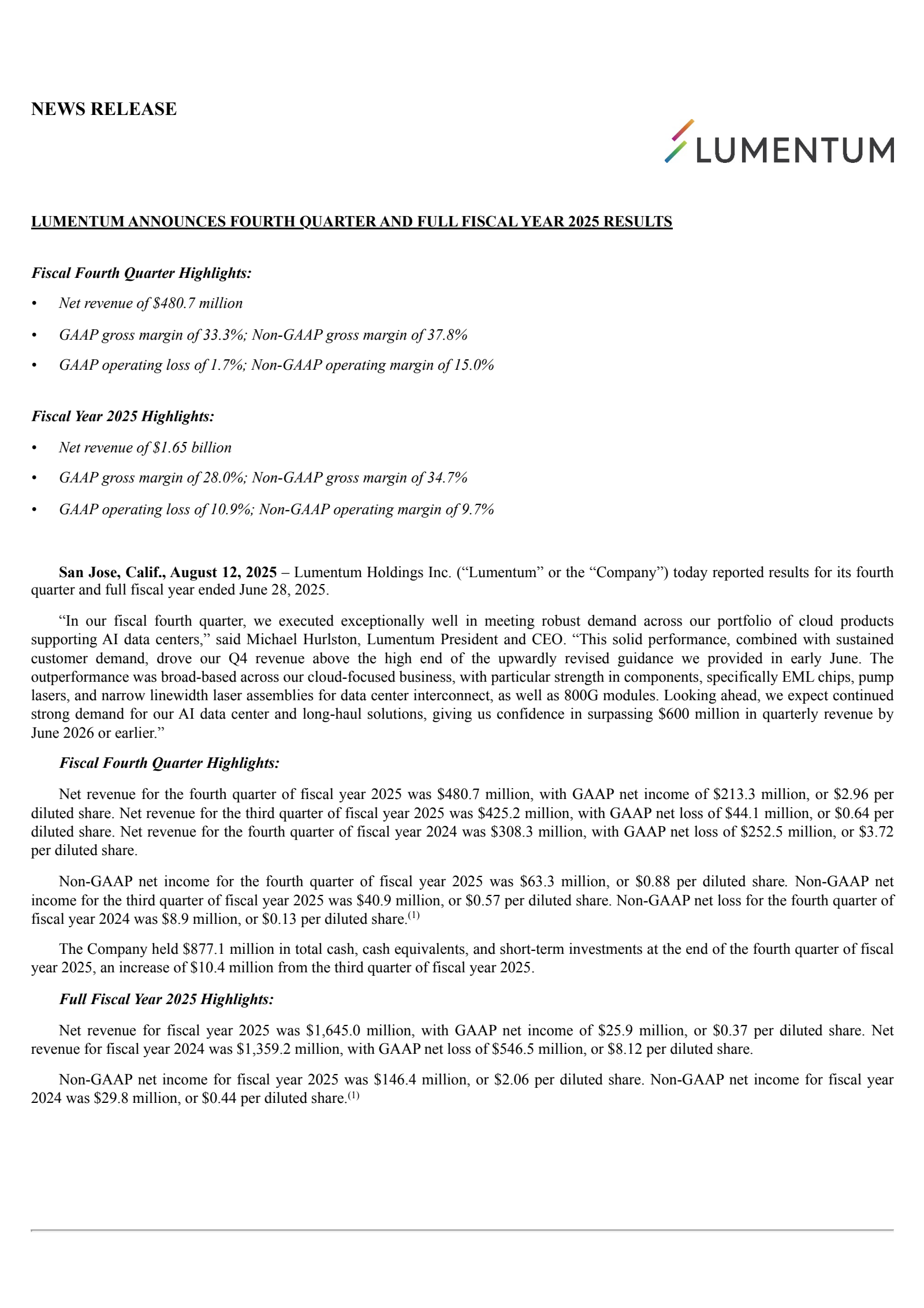 Lumentum's Q4 2025 Press Release