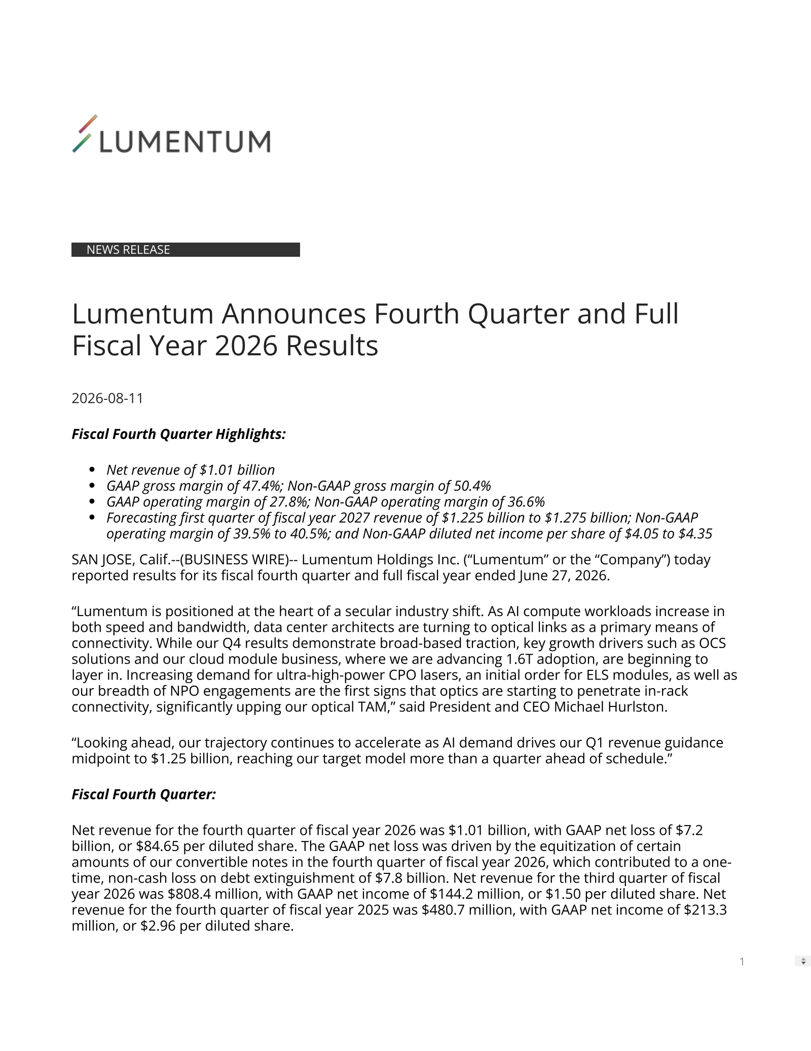 Lumentum's Q4 2026 Press Release