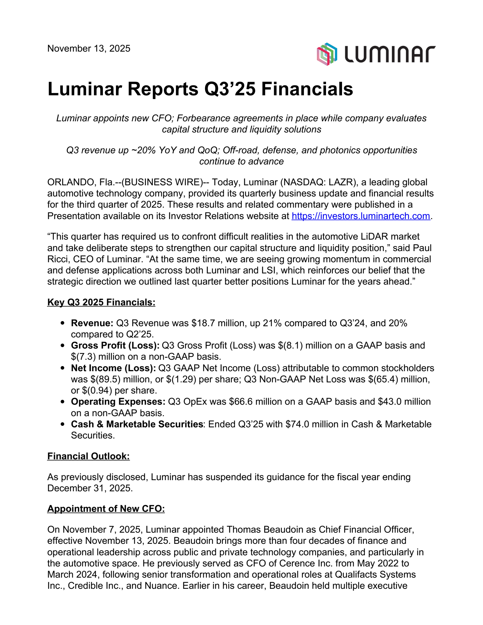 Luminar Technologies' Q3 2025 Earnings Release