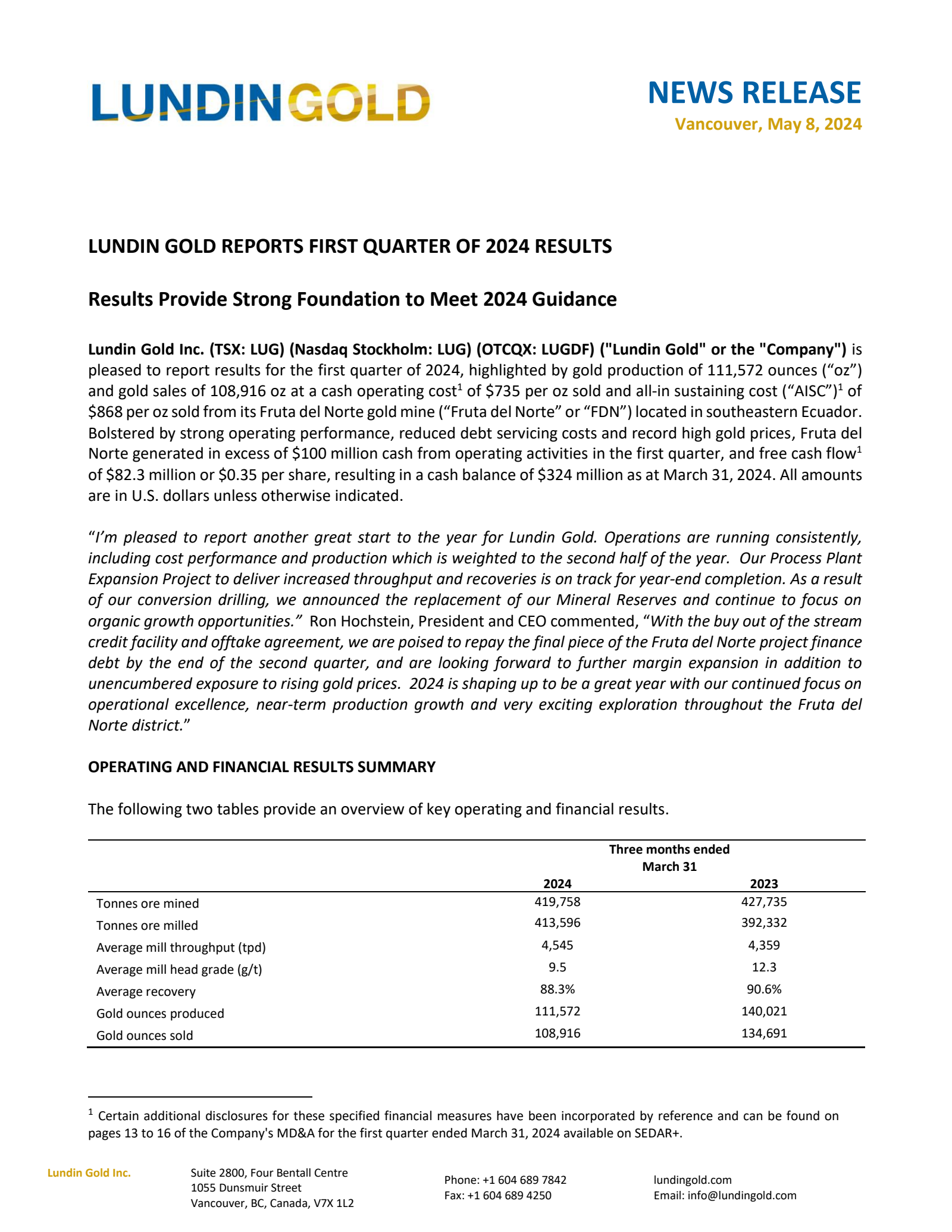 Lundin Gold's Q1 2024 Interim report