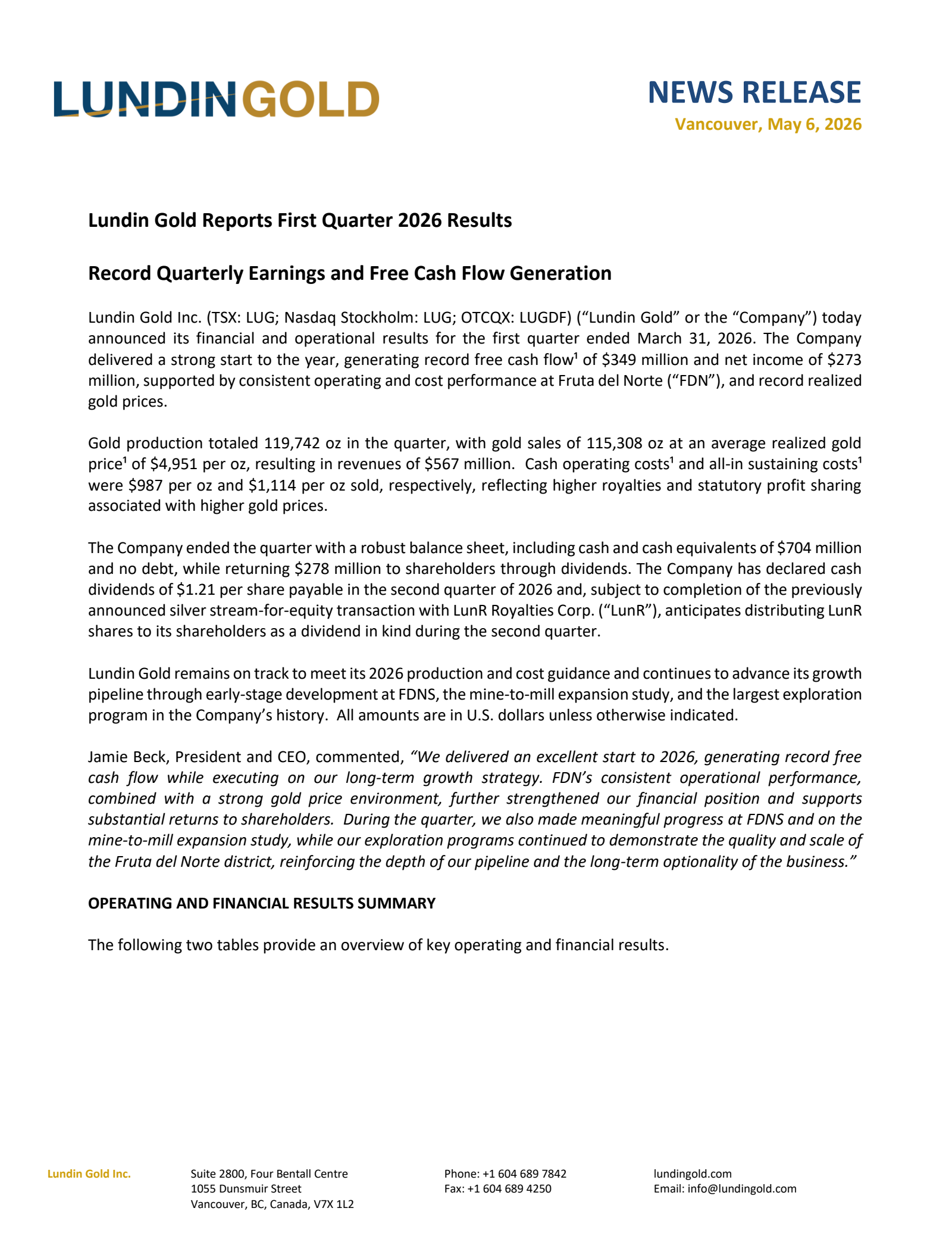 Lundin Gold's Q1 2026 Press Release