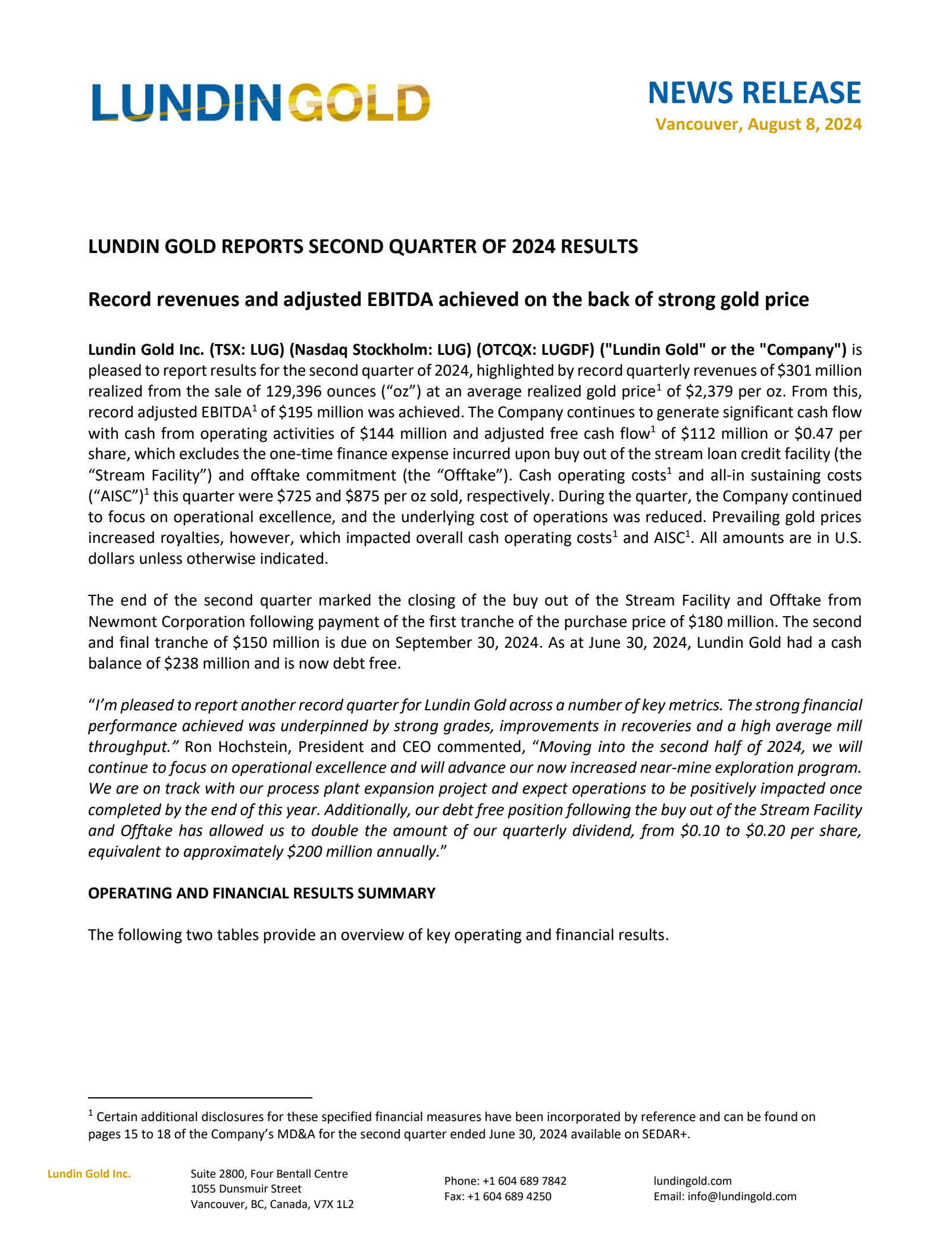 Lundin Gold's Q2 2024 Earnings Release
