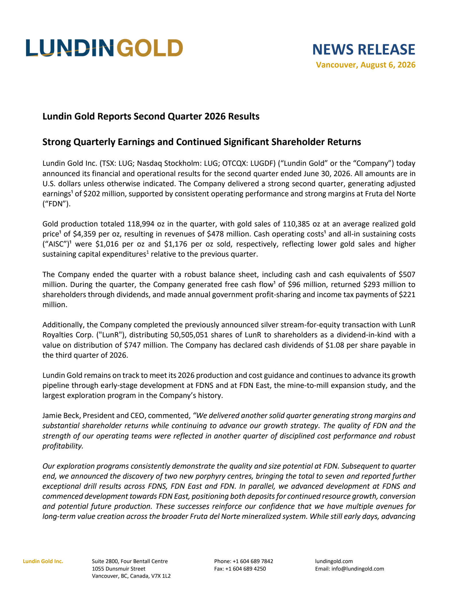 Lundin Gold's Q2 2026 Press Release