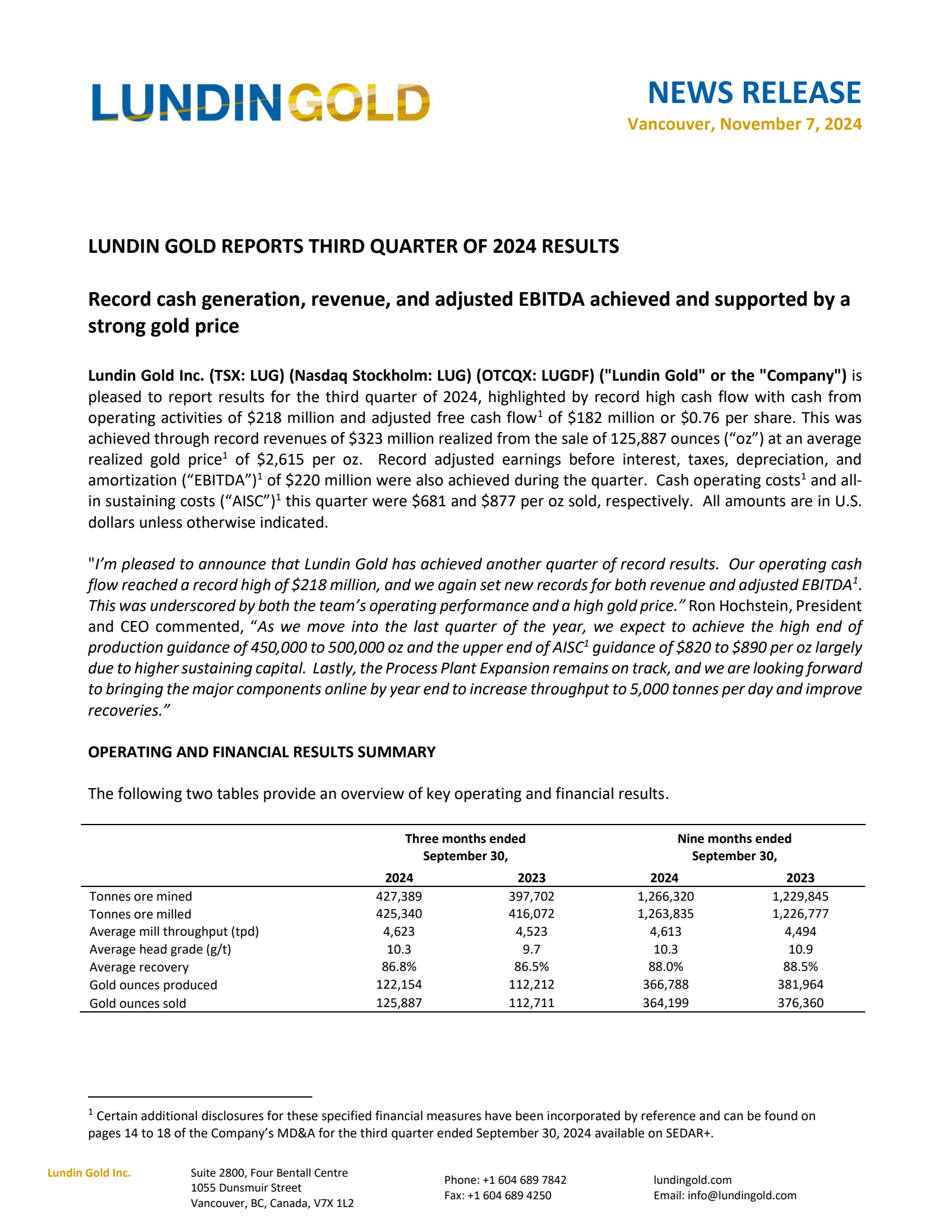 Lundin Gold's Q3 2024 Earnings Release