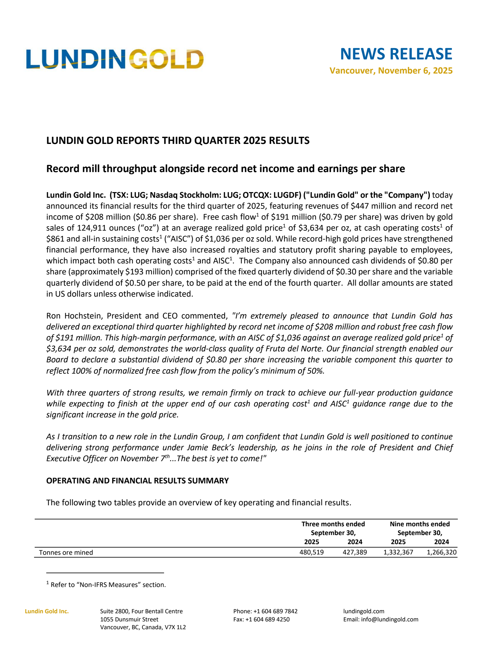 Lundin Gold's Q3 2025 Earnings Release