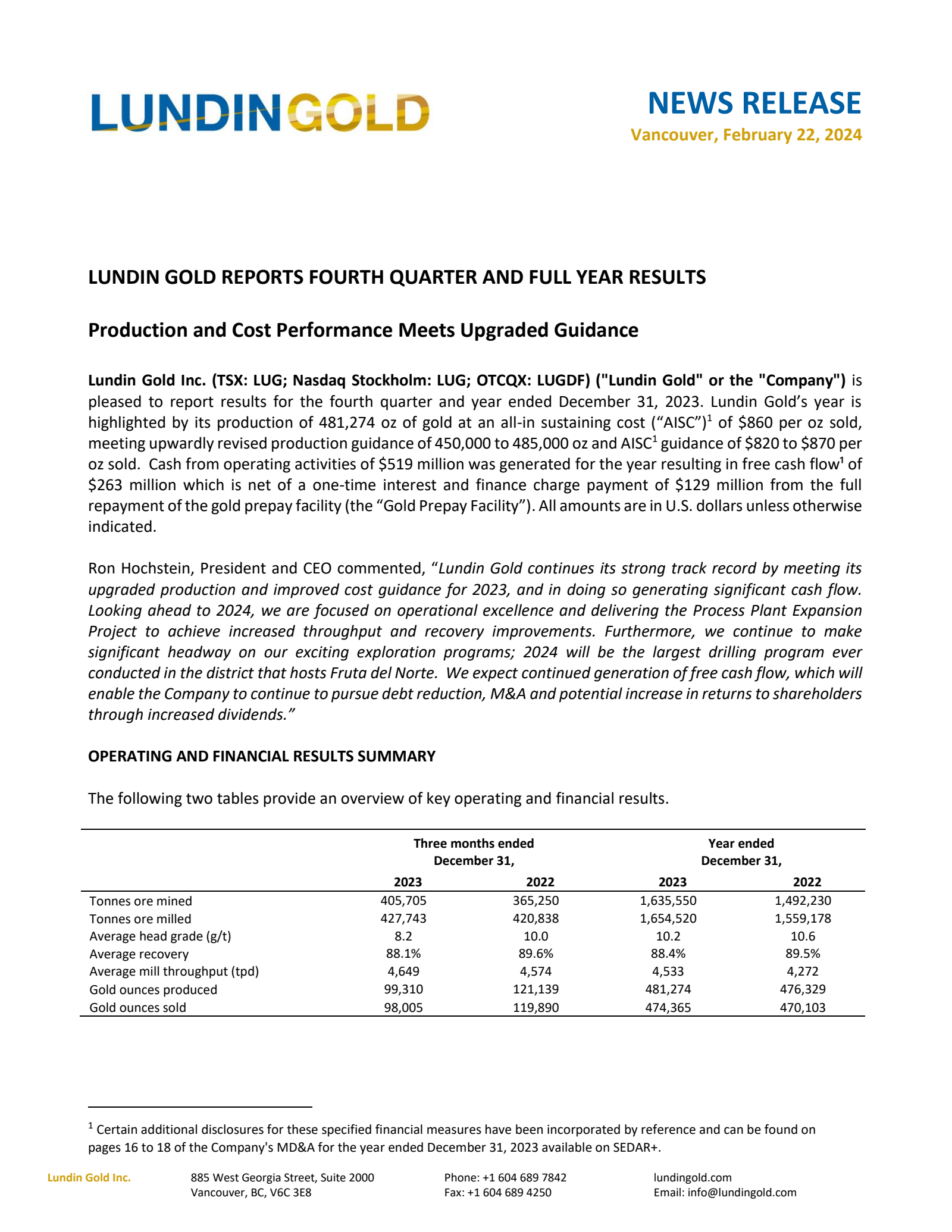 Lundin Gold's Q4 2023 Press Release
