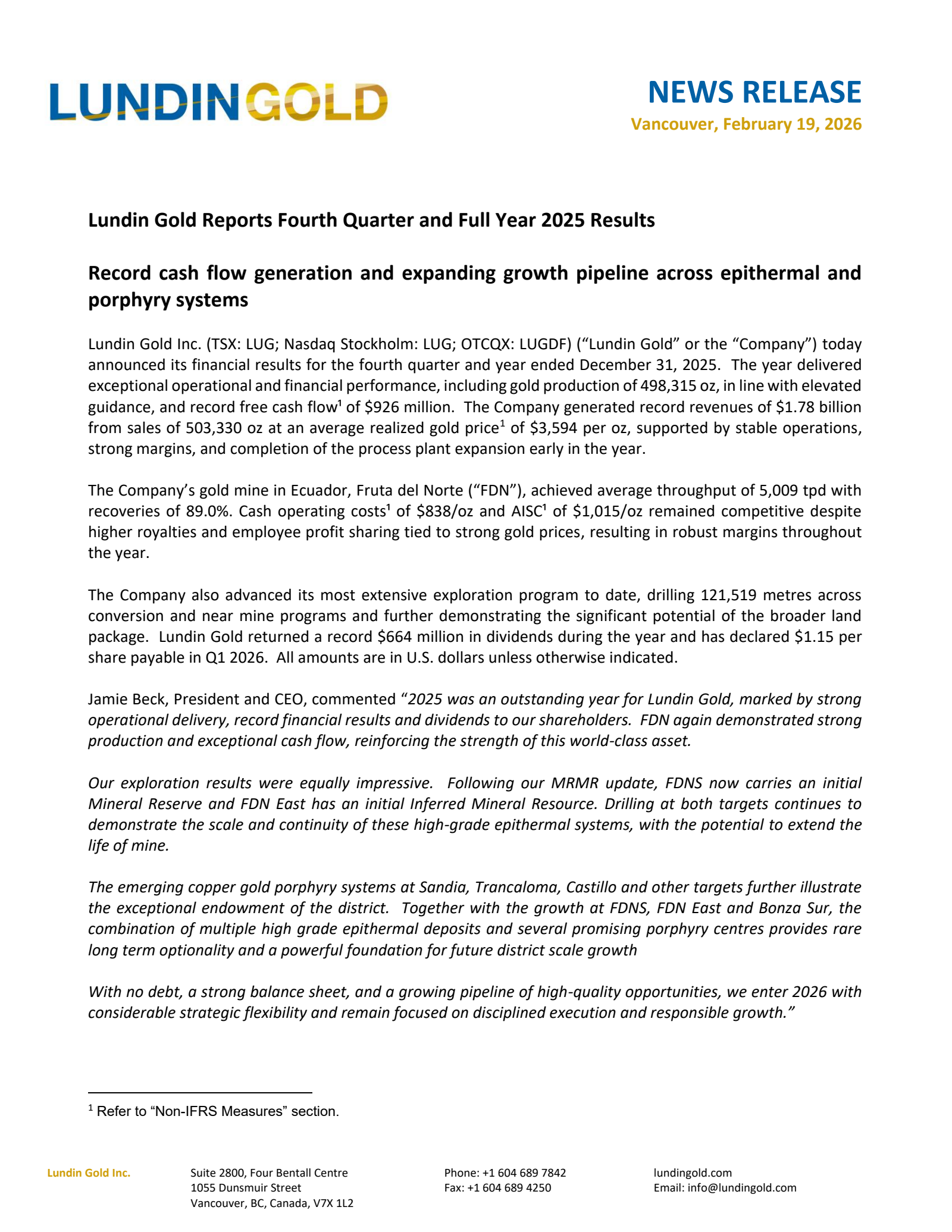 Lundin Gold's Q4 2025 Press Release