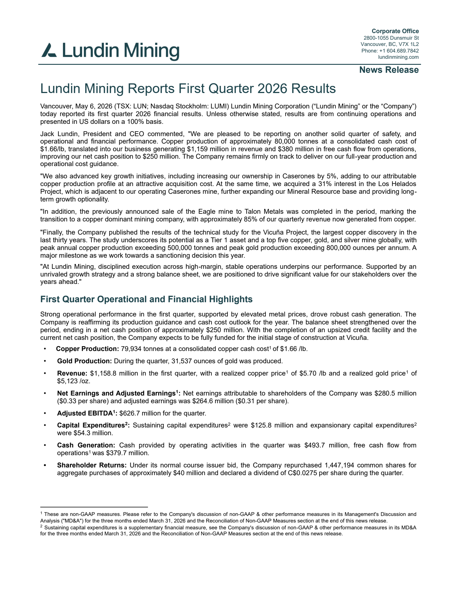 Lundin Mining's Q1 2026 Press Release