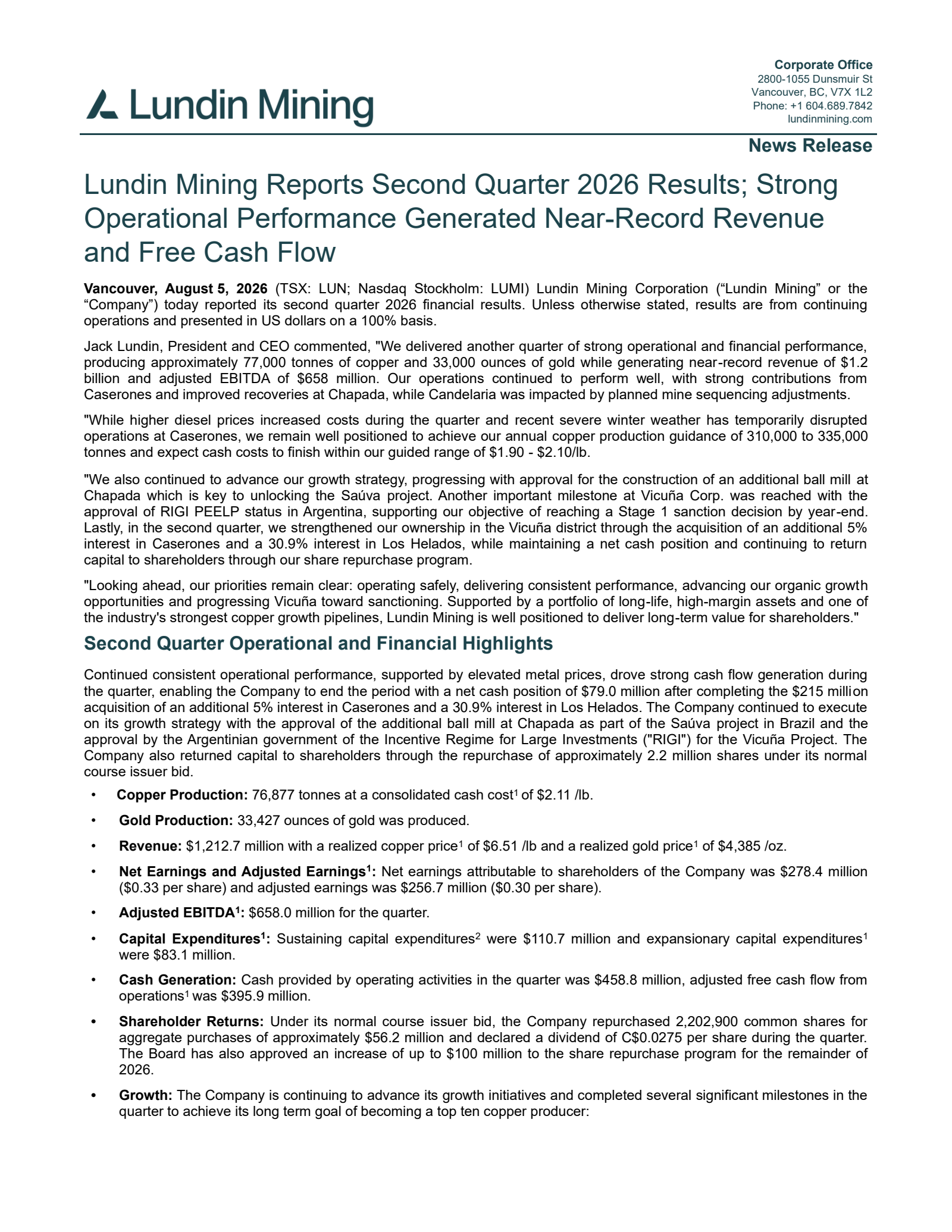 Lundin Mining's Q2 2026 Press Release