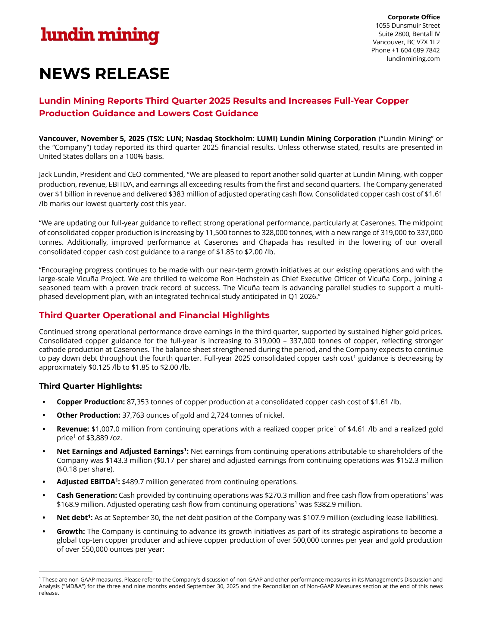 Lundin Mining's Q3 2025 Earnings Release