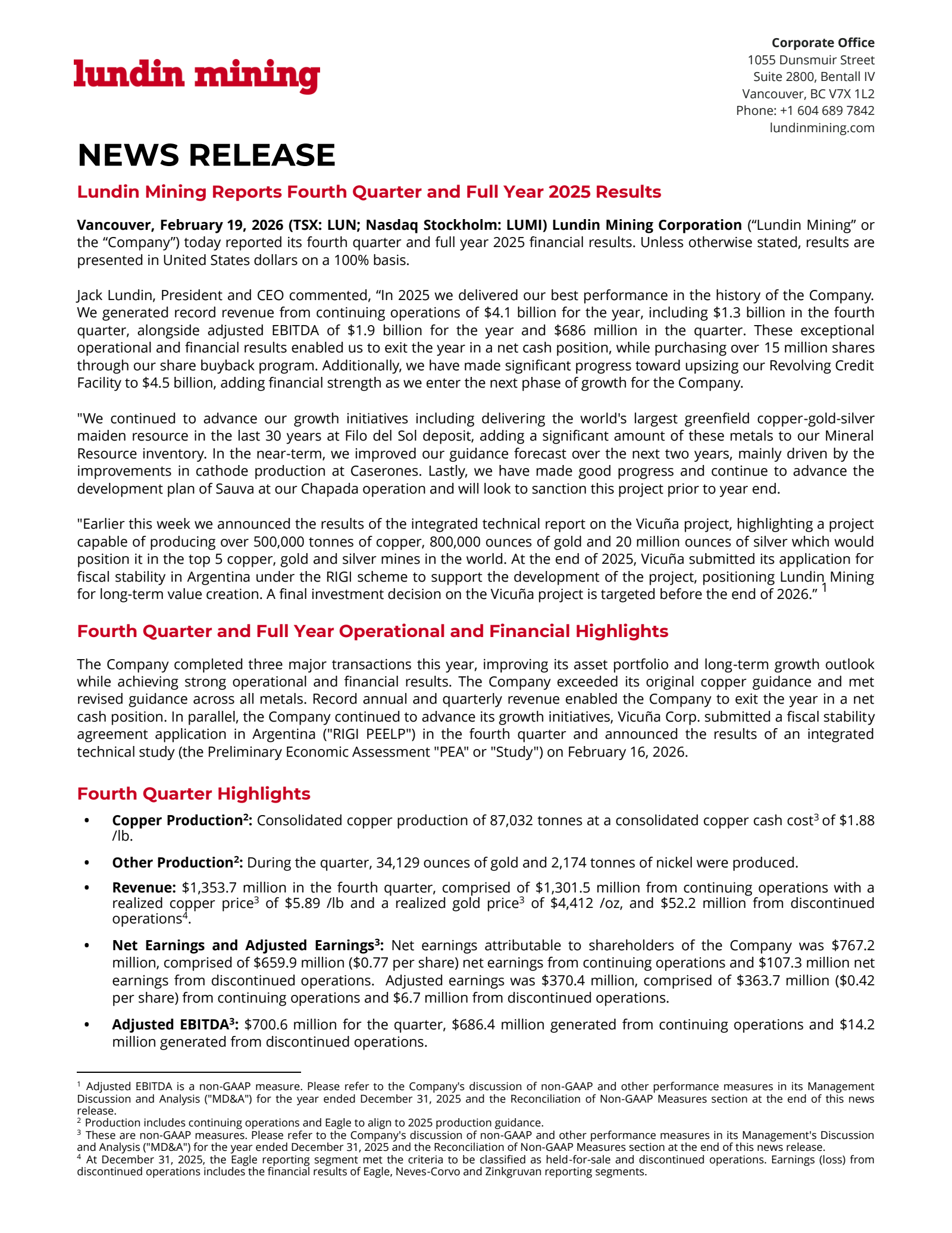 Lundin Mining's Q4 2025 Press Release
