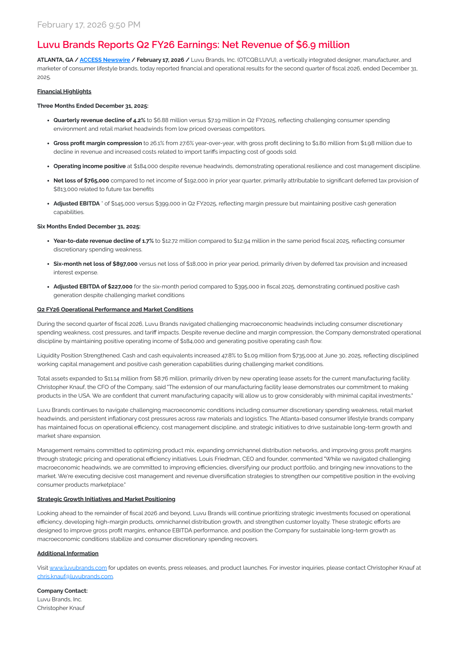 Luvu Brands' Q2 2026 Press Release