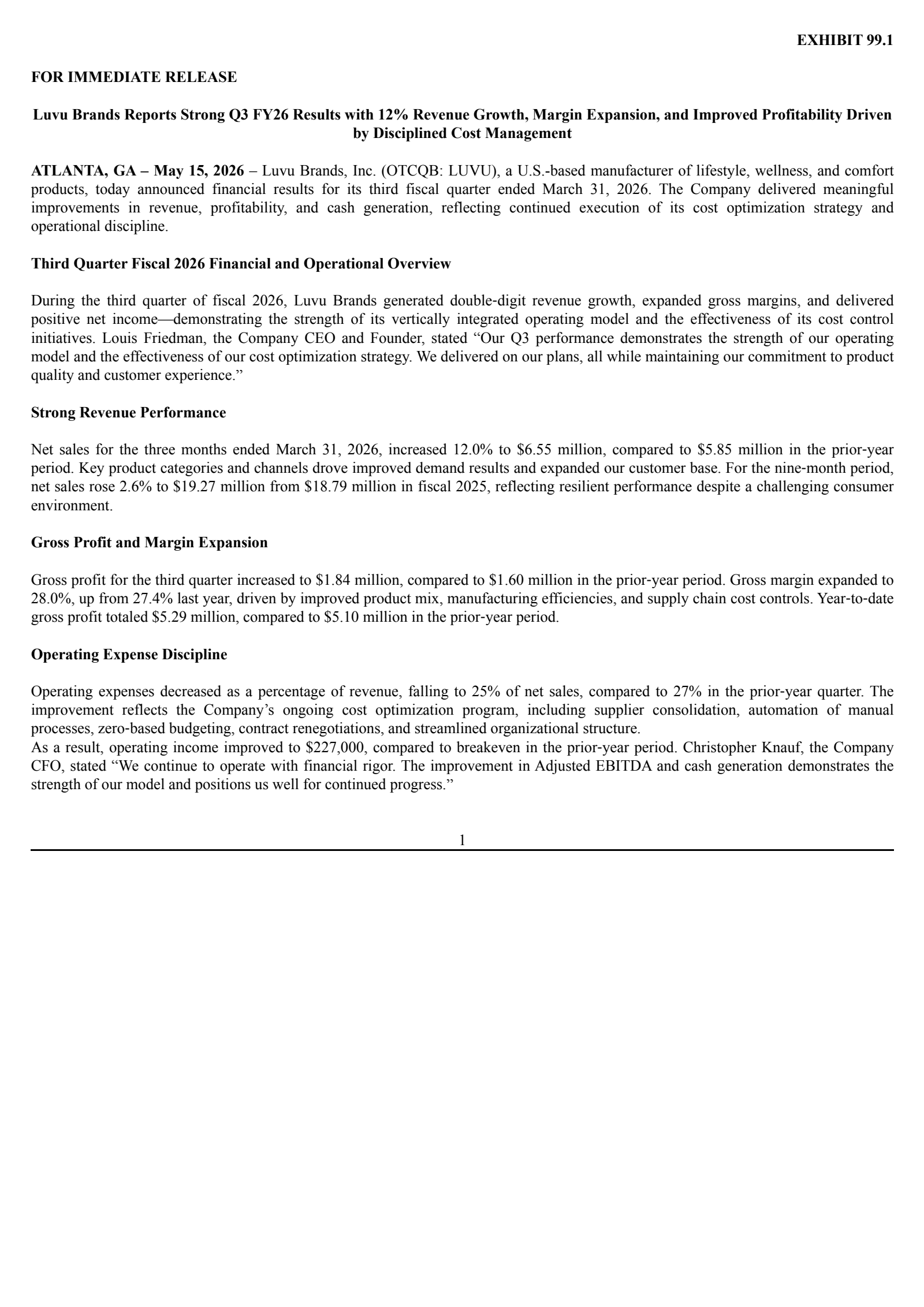 Luvu Brands' Q3 2026 Press Release