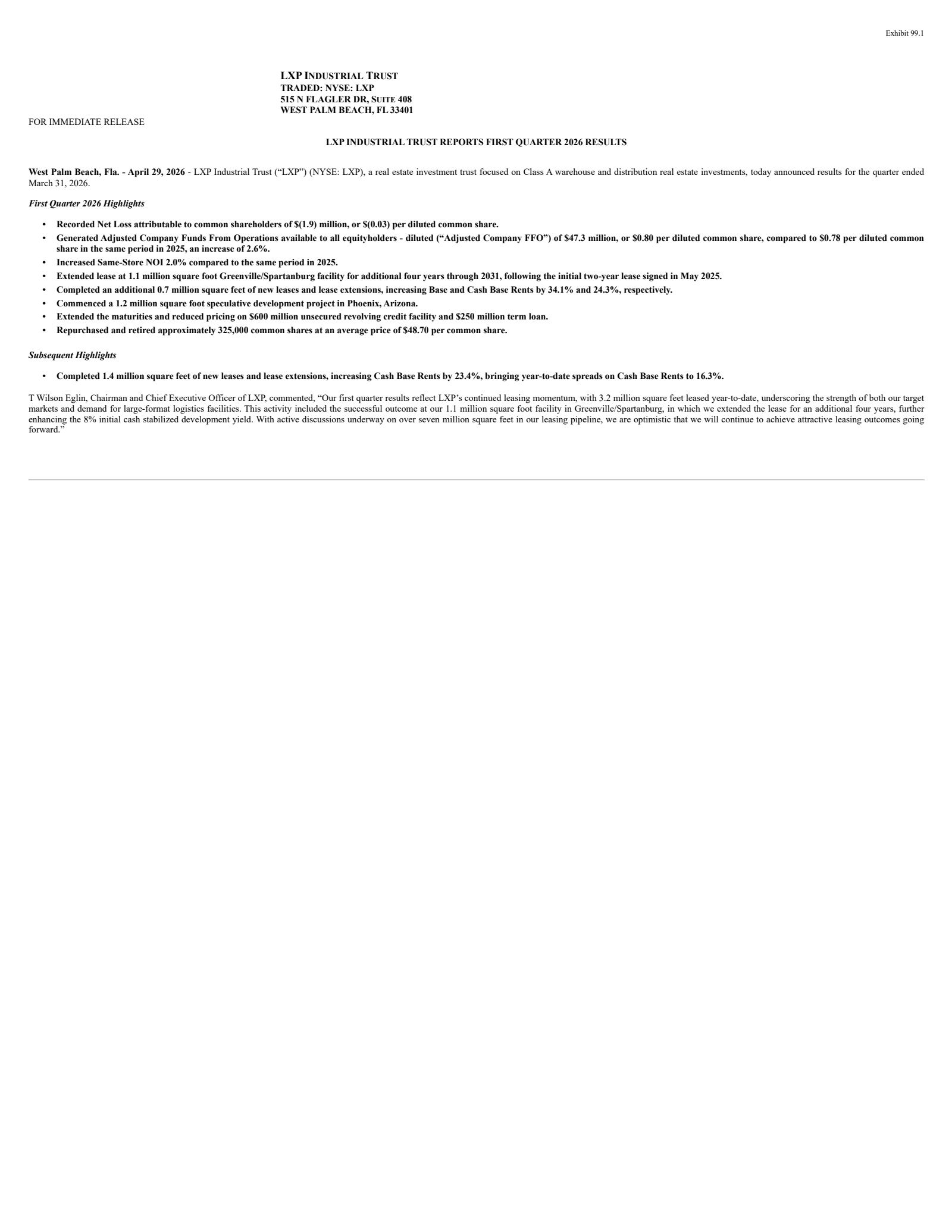 LXP Industrial Trust's Q1 2026 Press Release