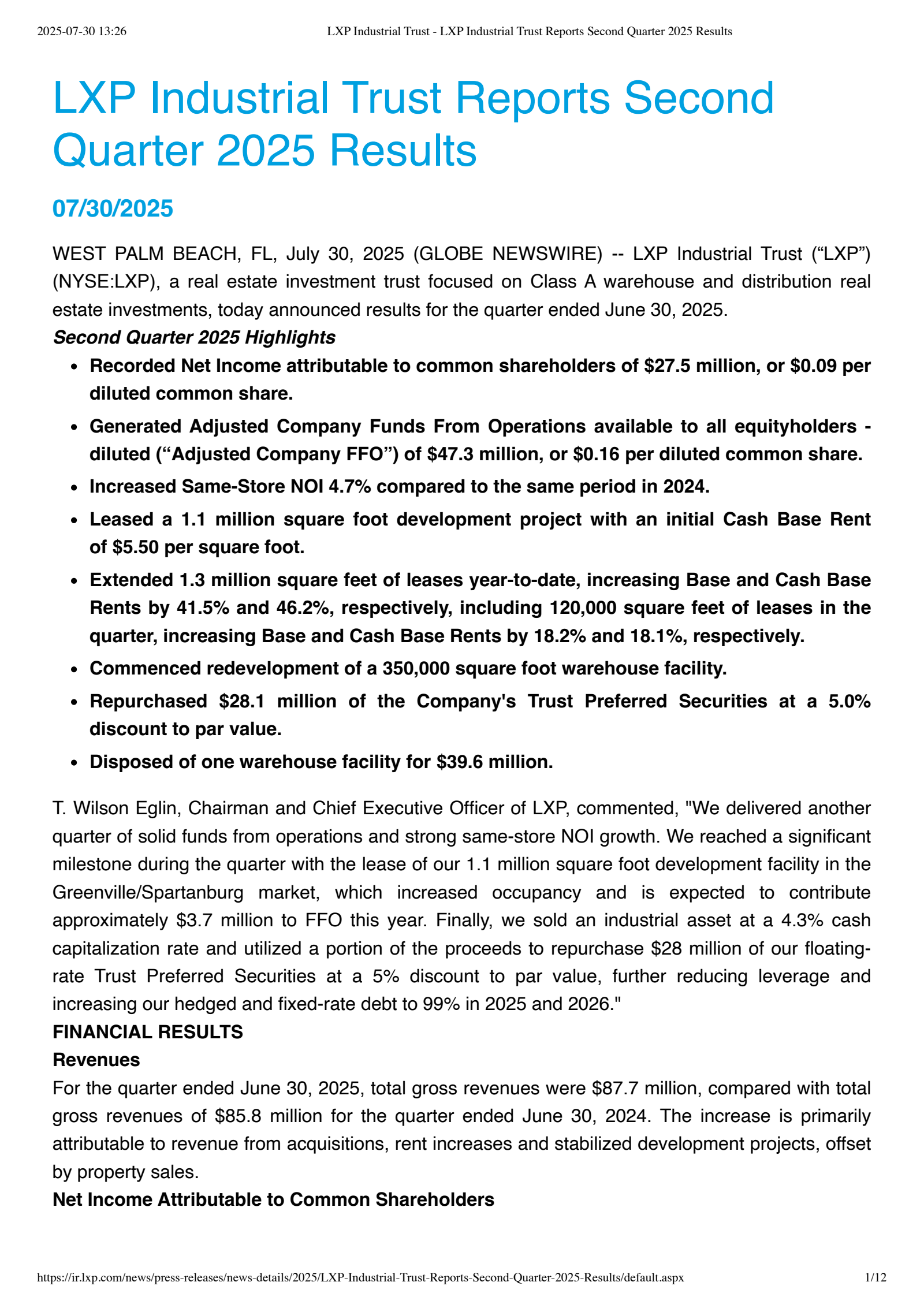 LXP Industrial Trust's Q2 2025 Press Release