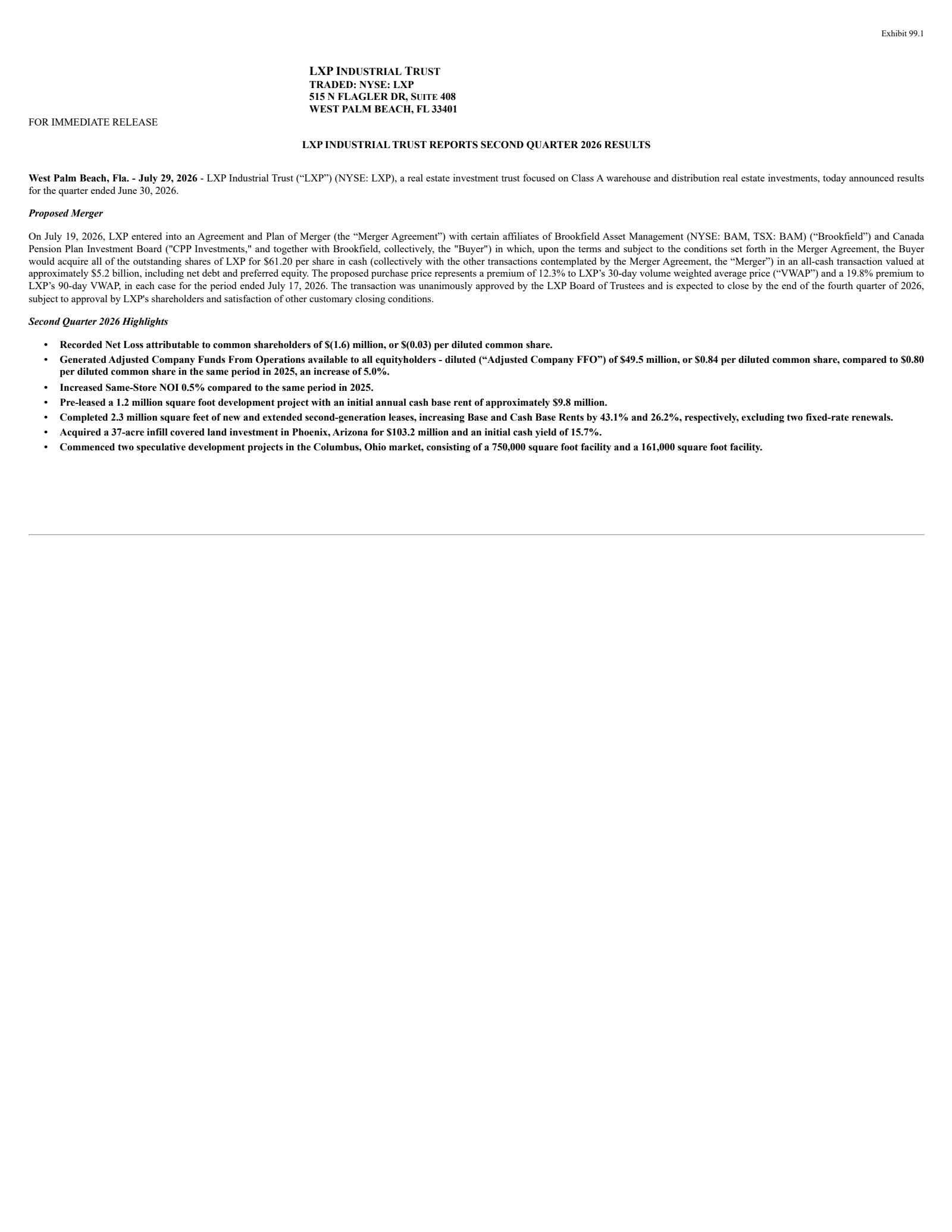 LXP Industrial Trust's Q2 2026 Press Release