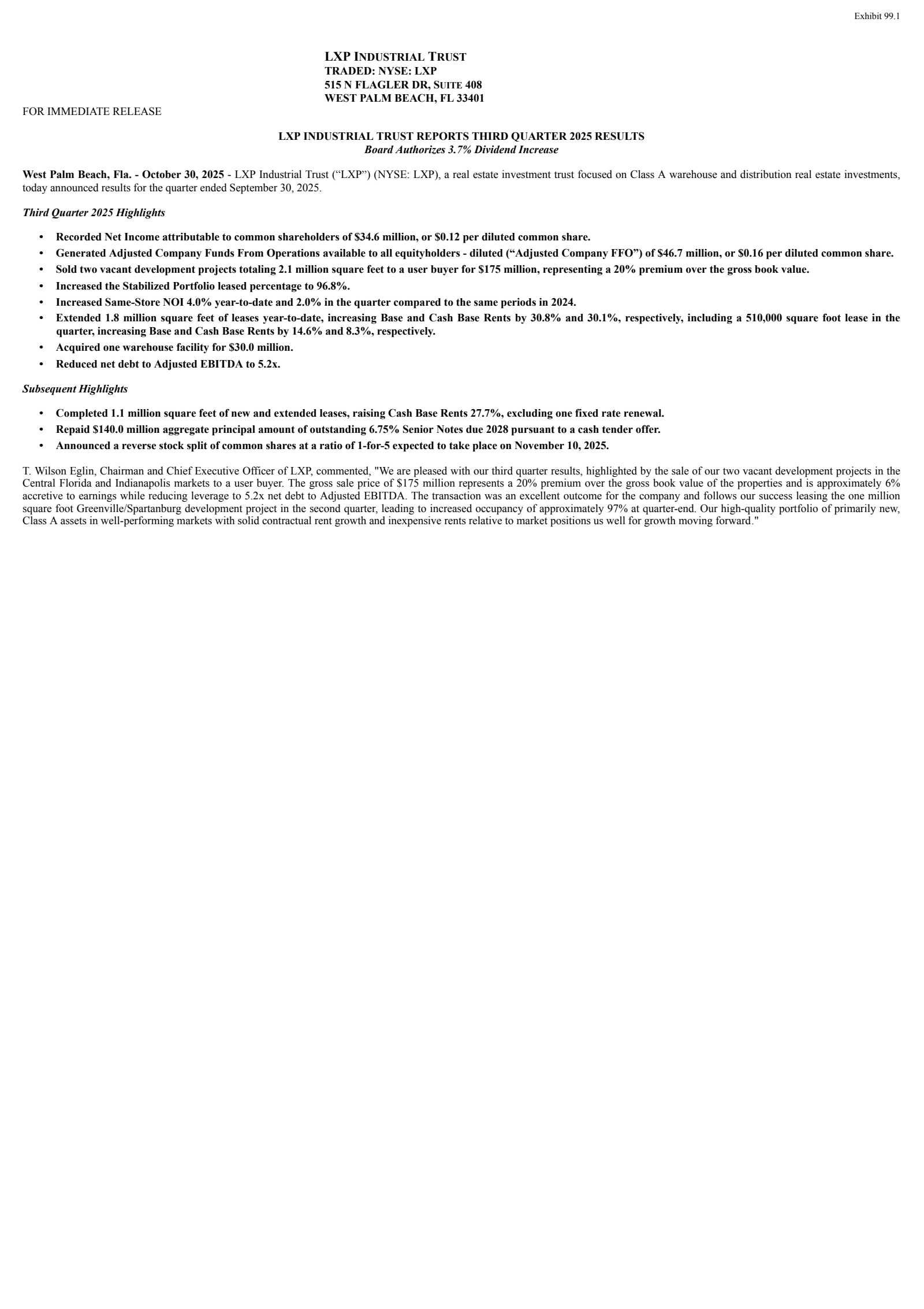 LXP Industrial Trust's Q3 2025 Earnings Release