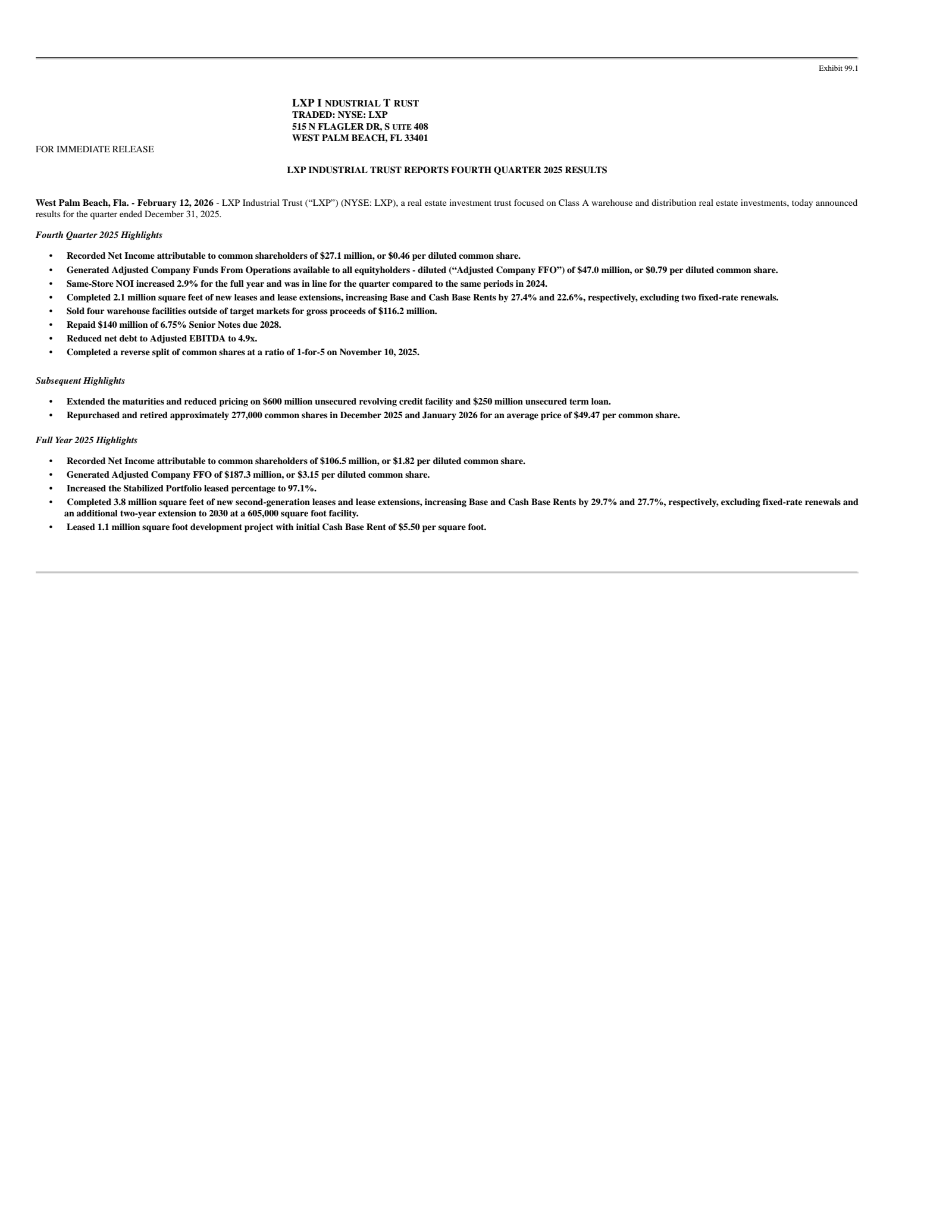 LXP Industrial Trust's Q4 2025 Press Release