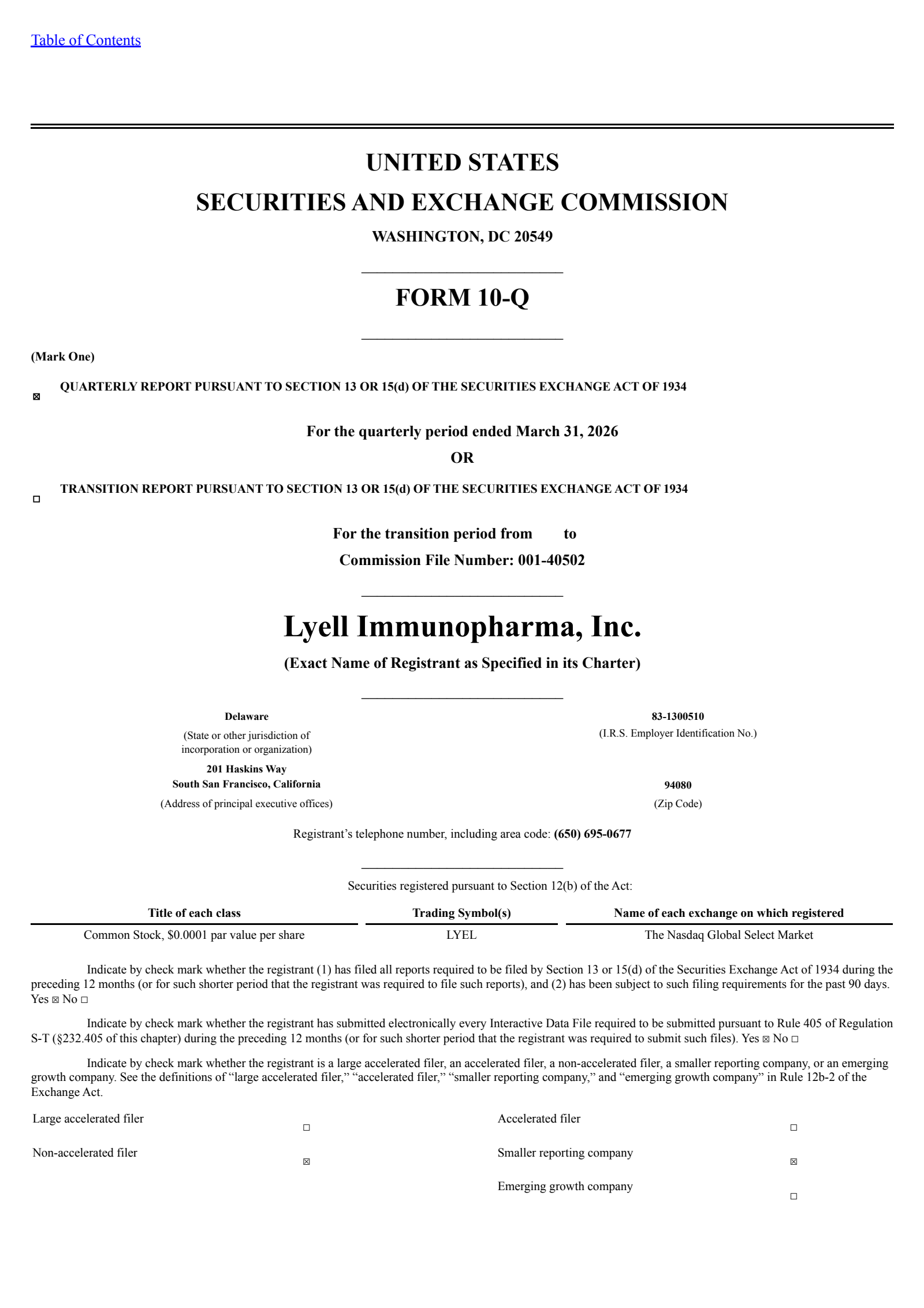 Lyell Immunopharma's Q1 2026 Quarterly report
