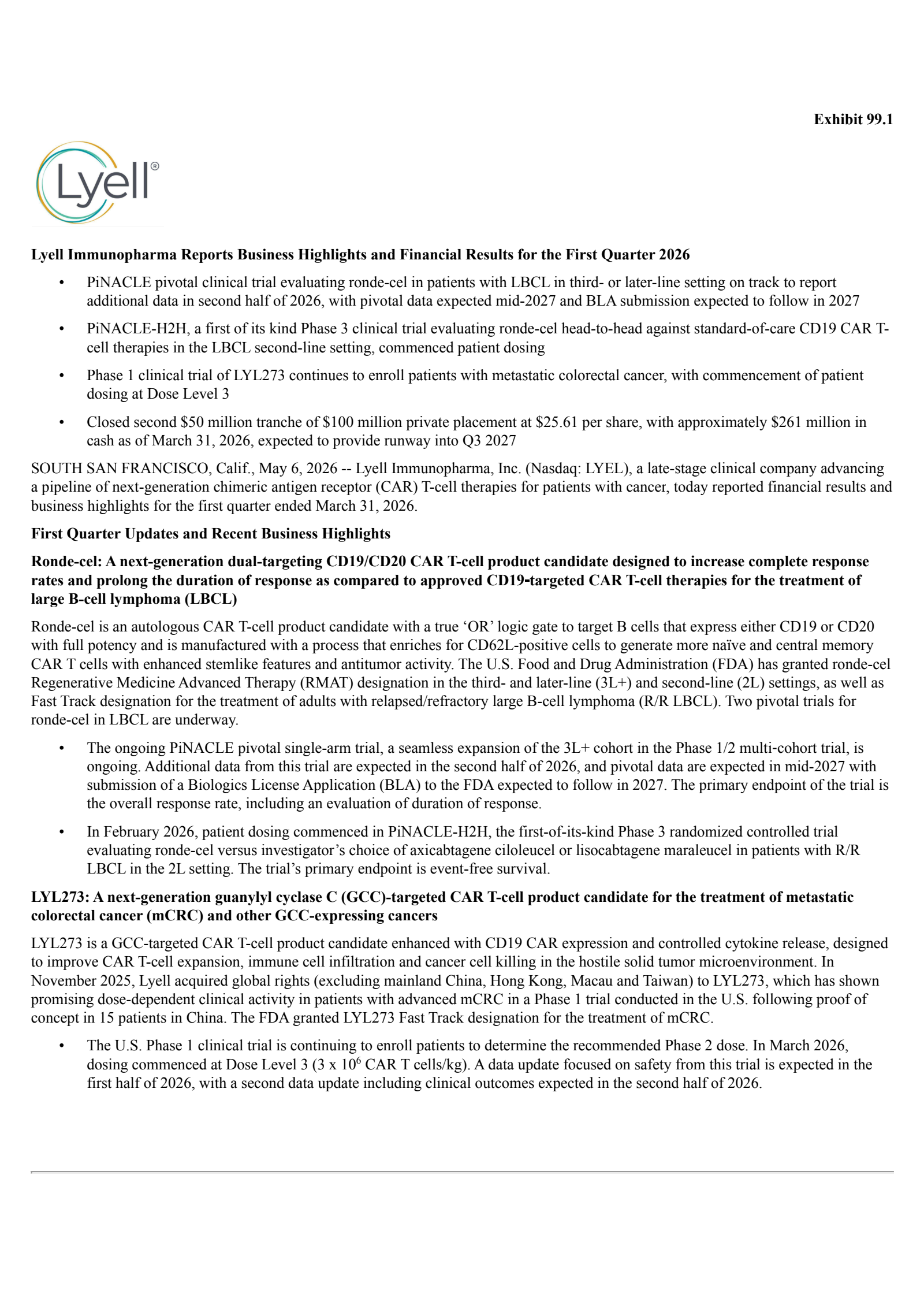 Lyell Immunopharma's Q1 2026 Press Release