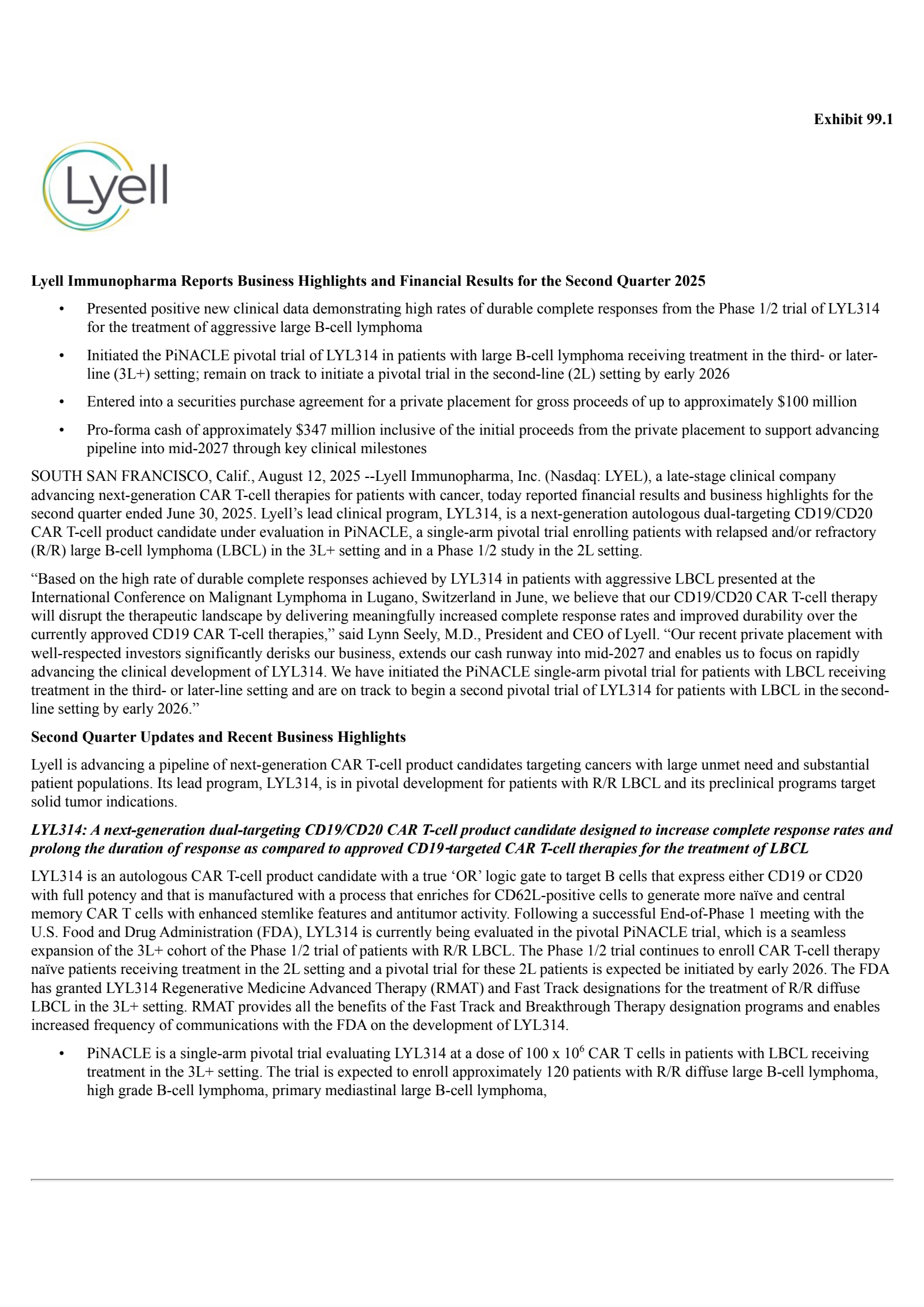 Lyell Immunopharma's Q2 2025 Press Release