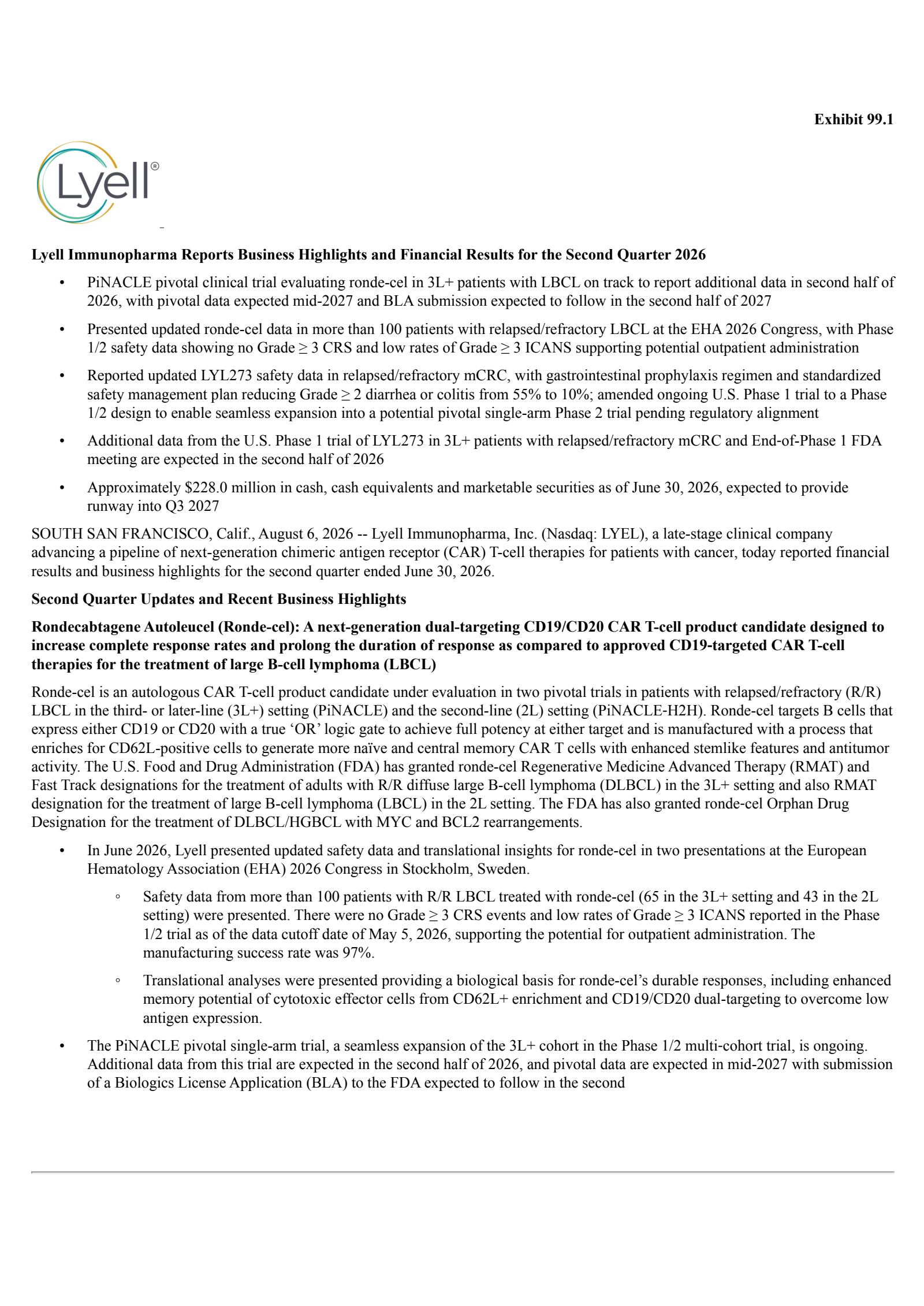 Lyell Immunopharma's Q2 2026 Press Release