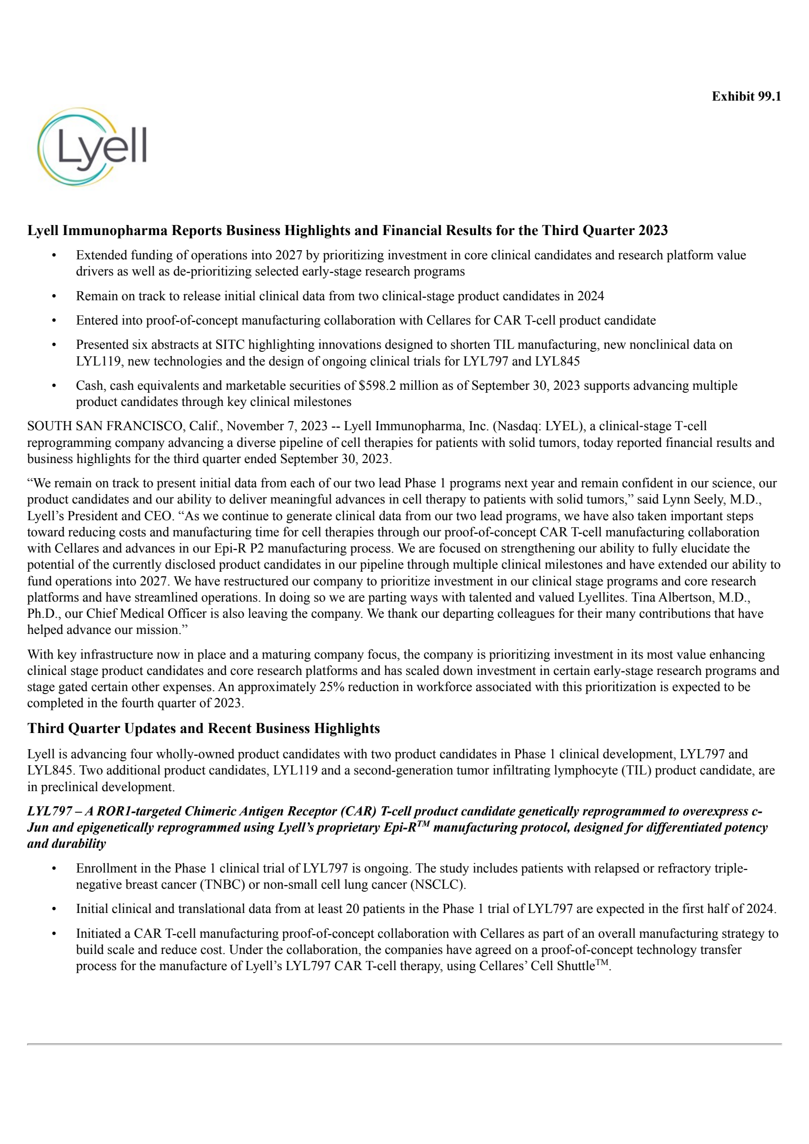 Lyell Immunopharma's Q3 2023 Press Release