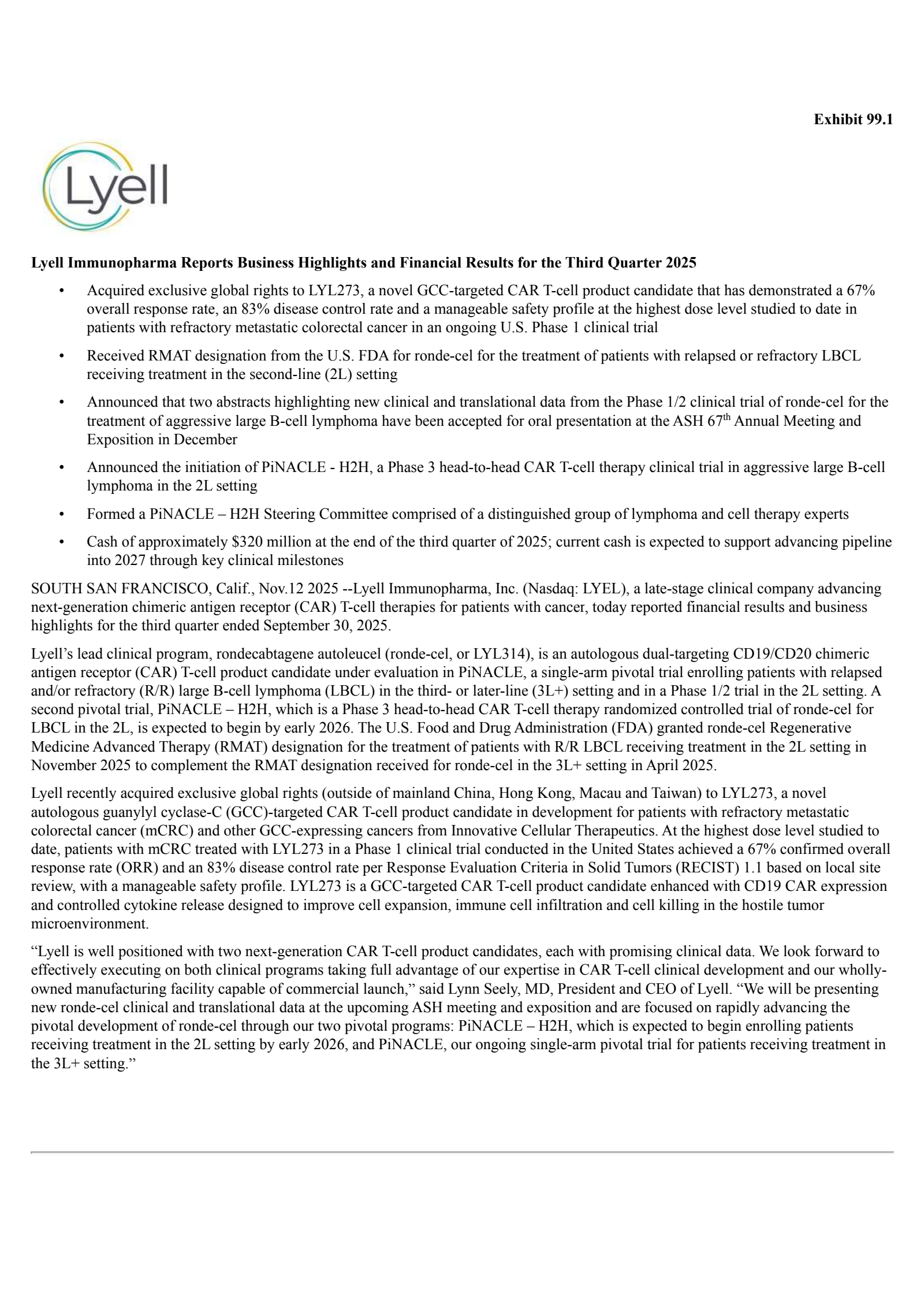 Lyell Immunopharma's Q3 2025 Earnings Release