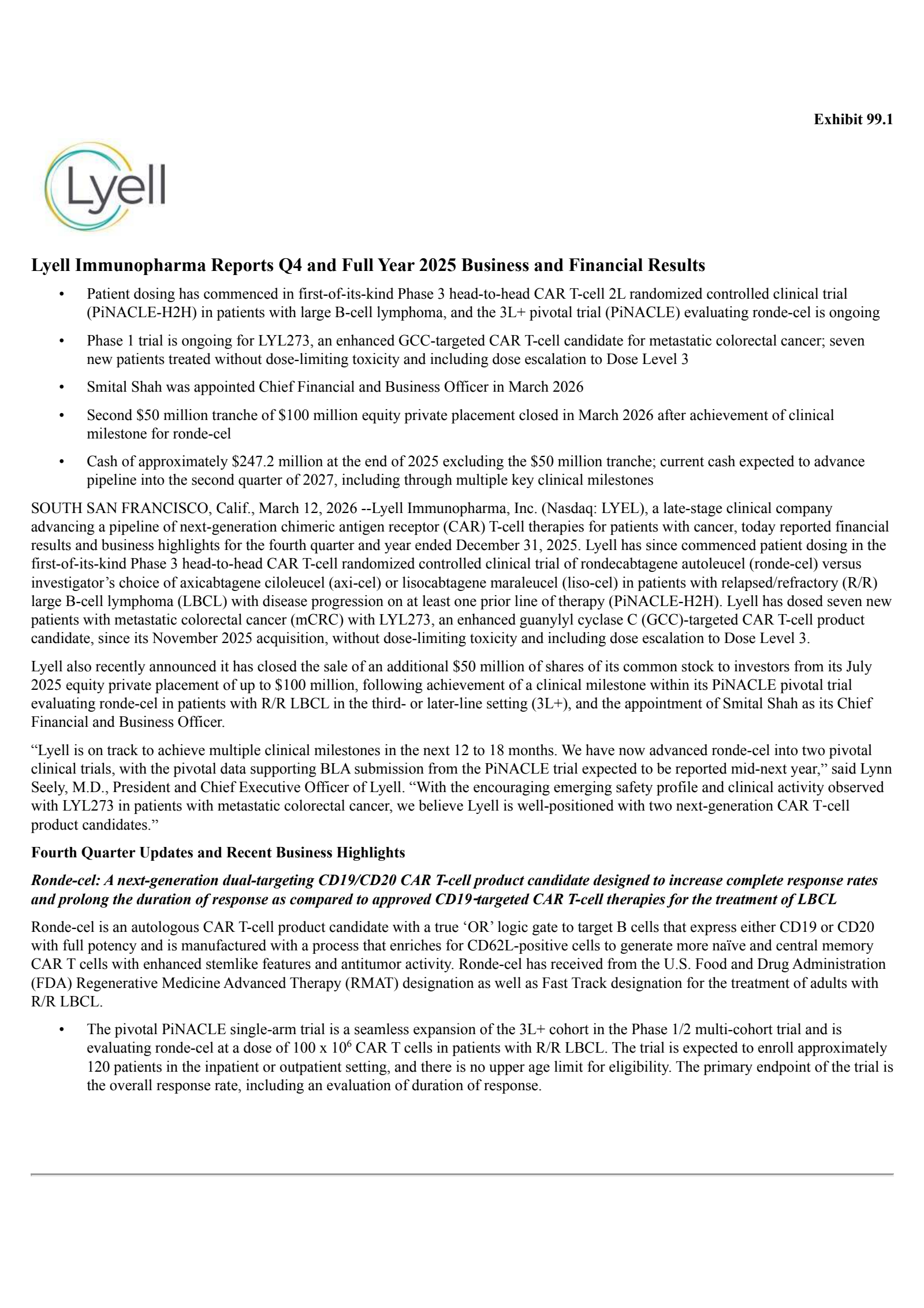 Lyell Immunopharma's Q4 2025 Press Release
