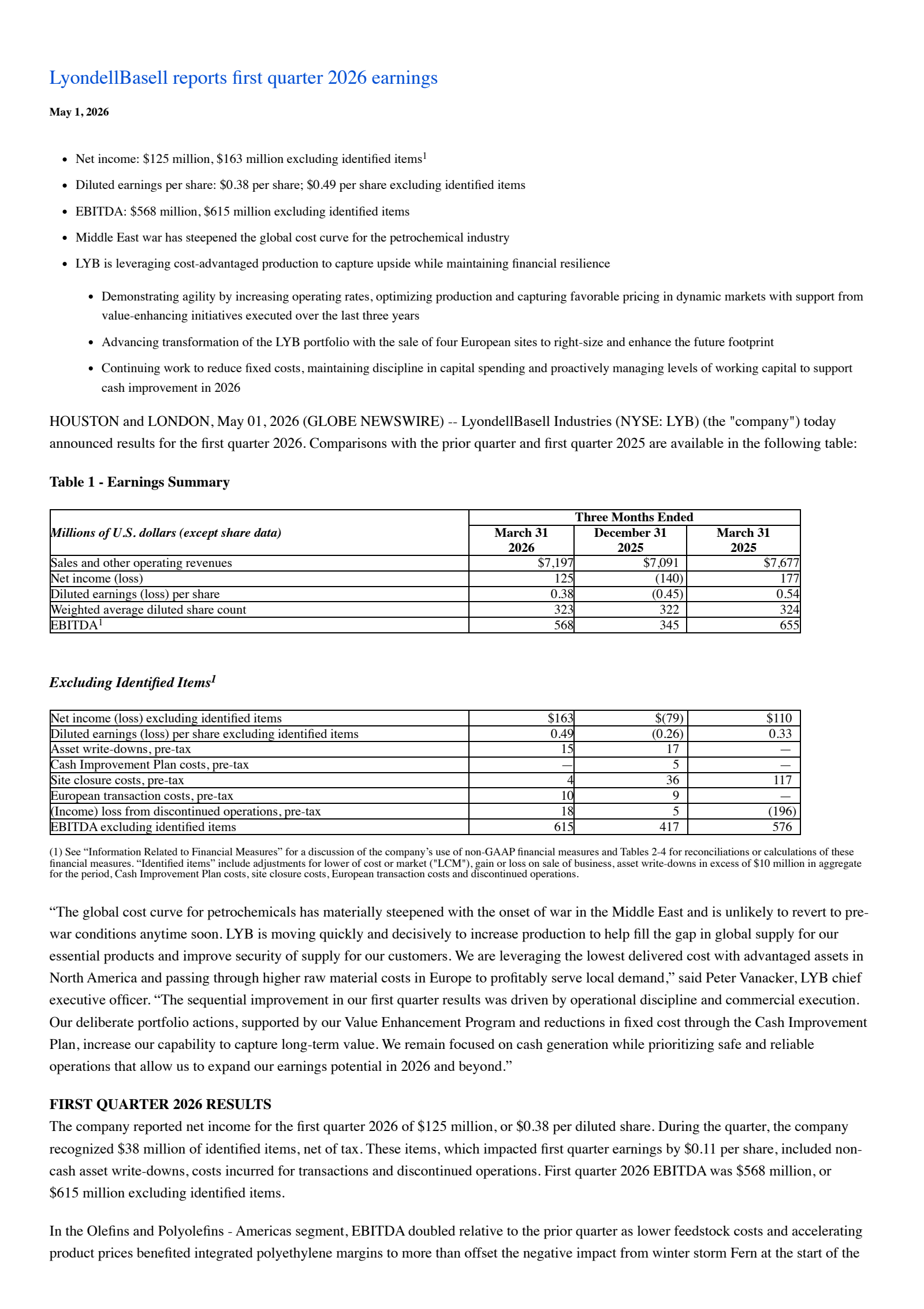 LyondellBasell Industries' Q1 2026 Press Release