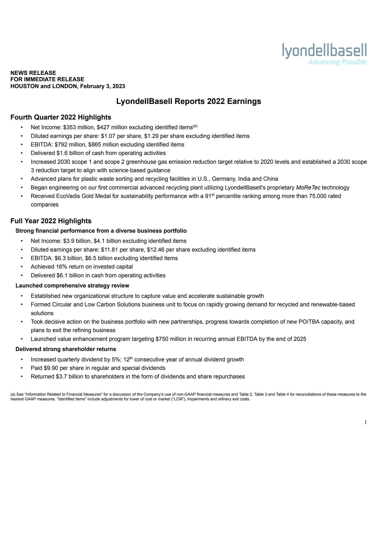 LYB Q4 2022 Earnings Report on 2/3/2023