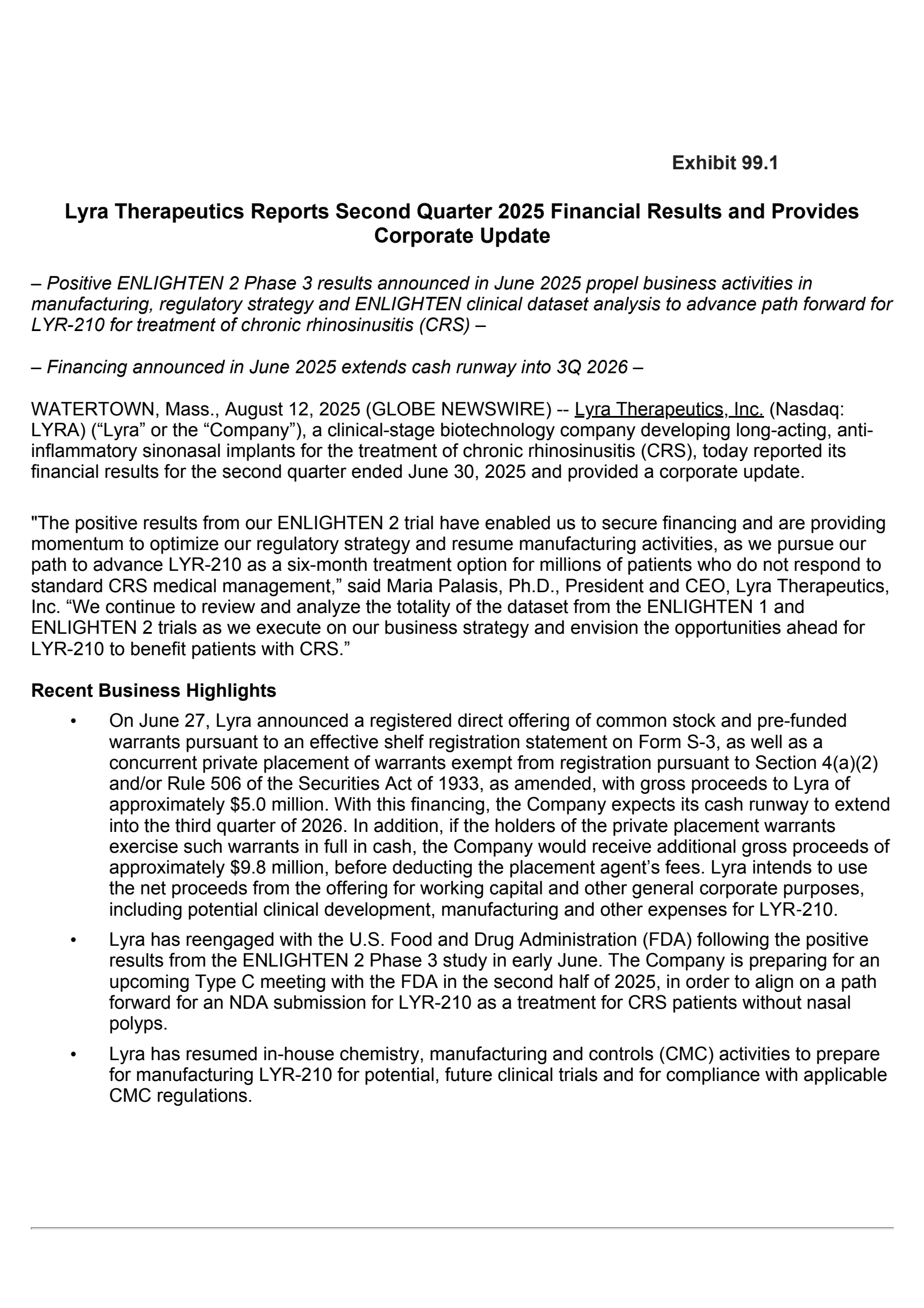 Lyra Therapeutics' Q2 2025 Press Release