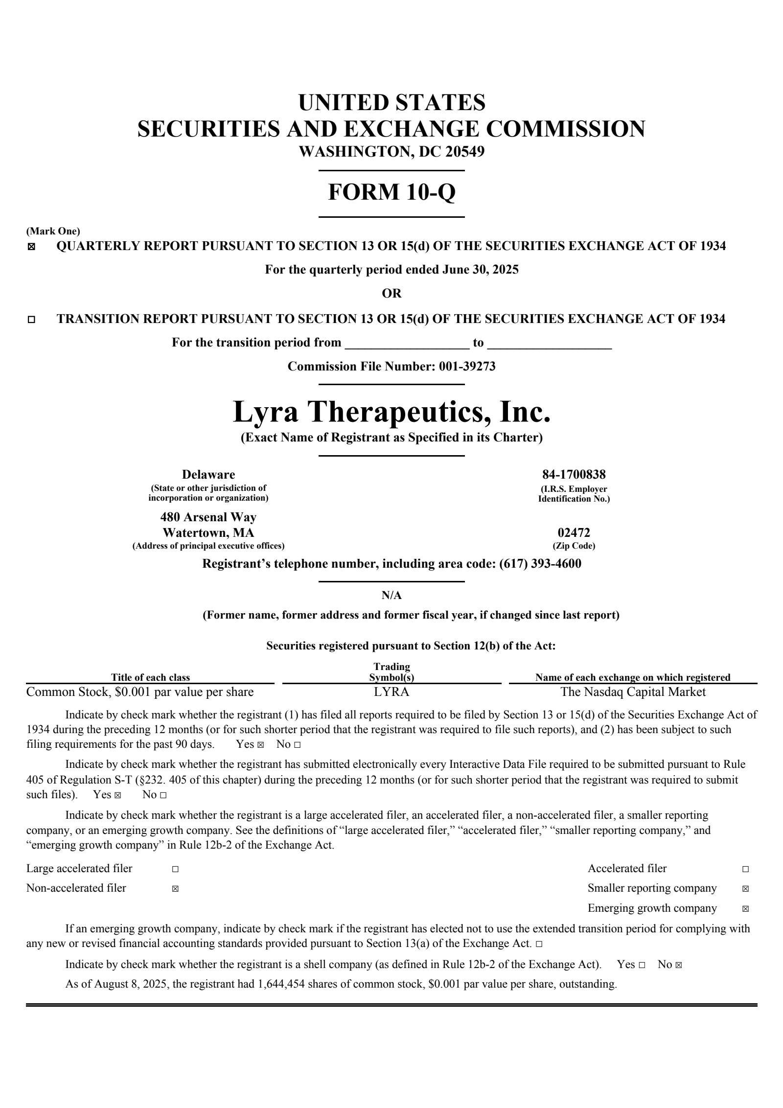 Lyra Therapeutics' Q2 2025 Quarterly report