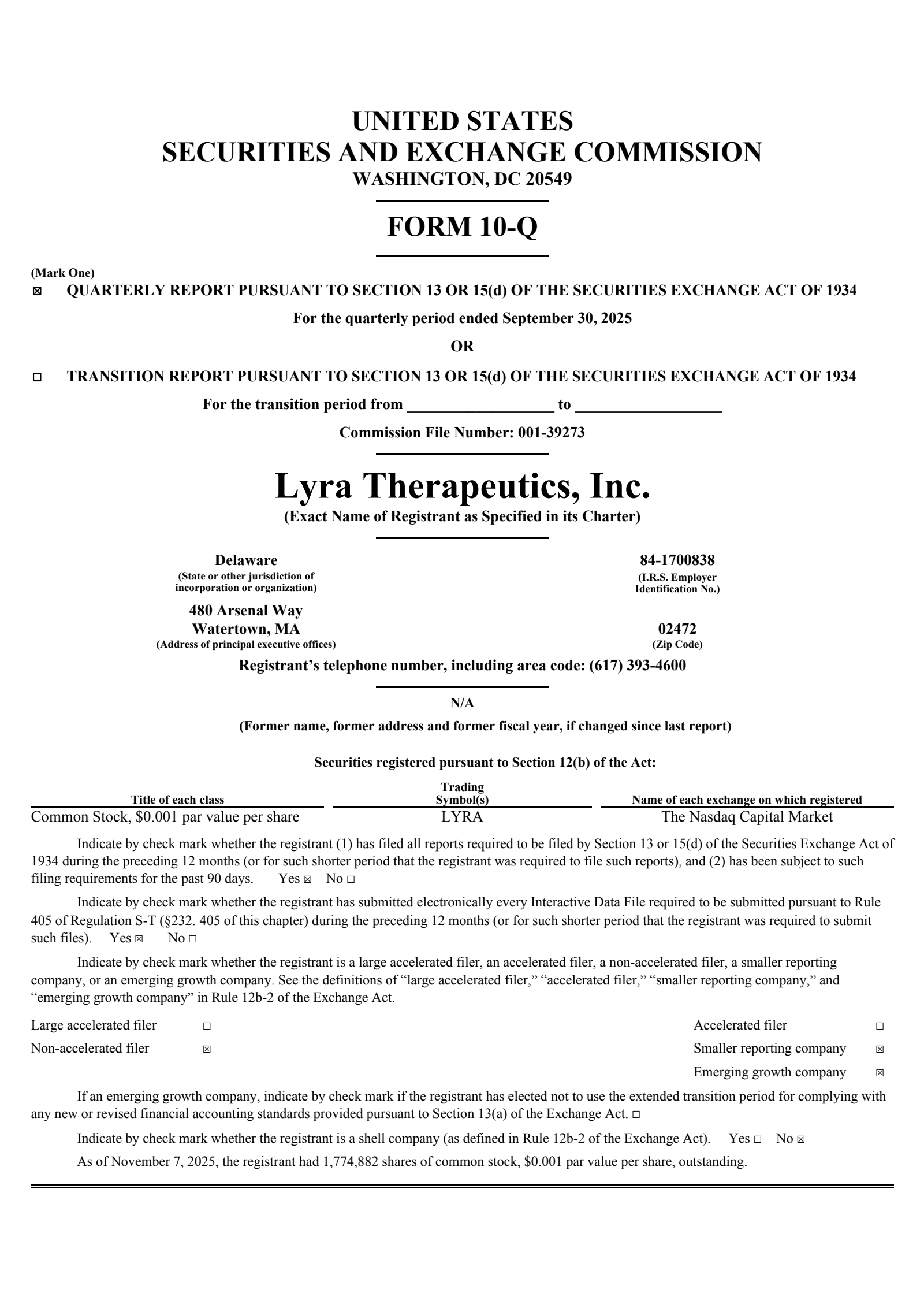 Lyra Therapeutics' Q3 2025 Quarterly Report