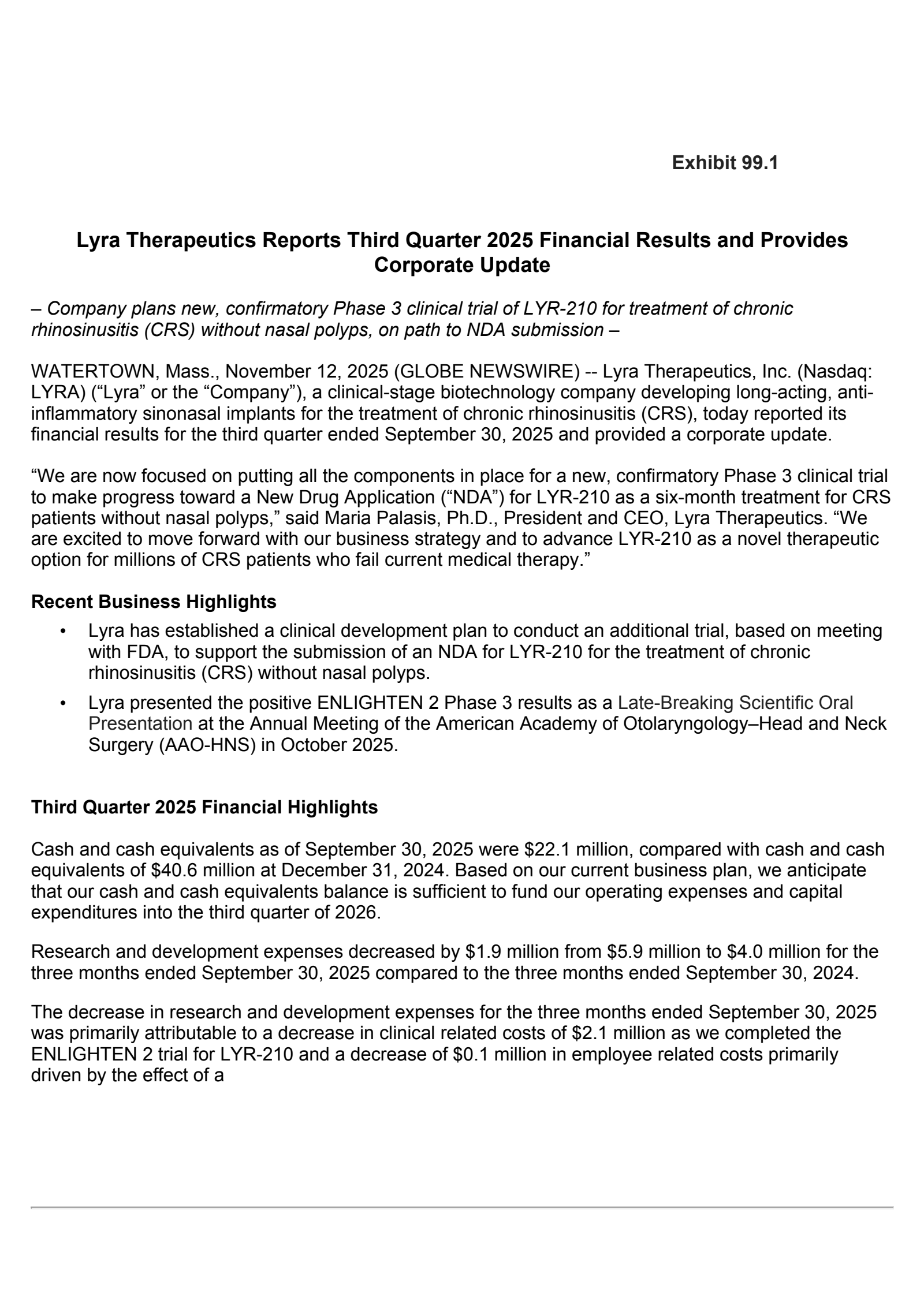 Lyra Therapeutics' Q3 2025 Earnings Release