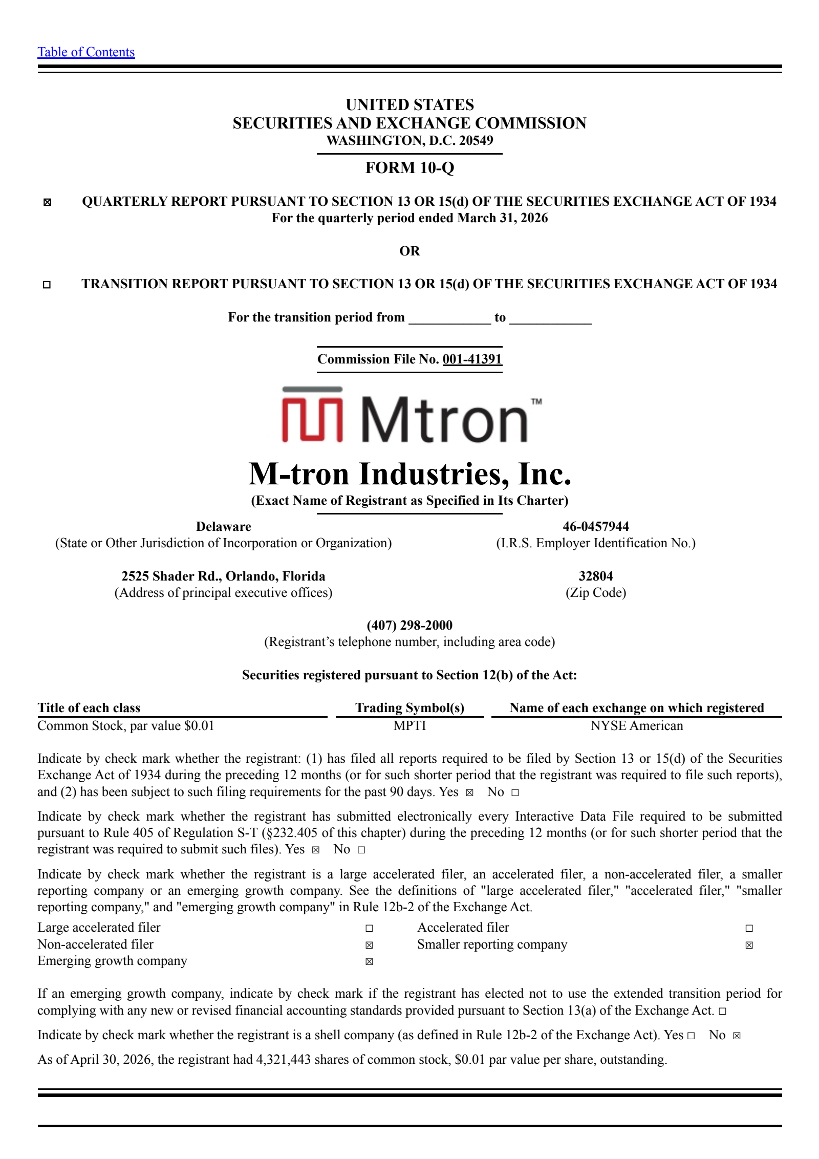 M-tron Industries' Q1 2026 Quarterly report