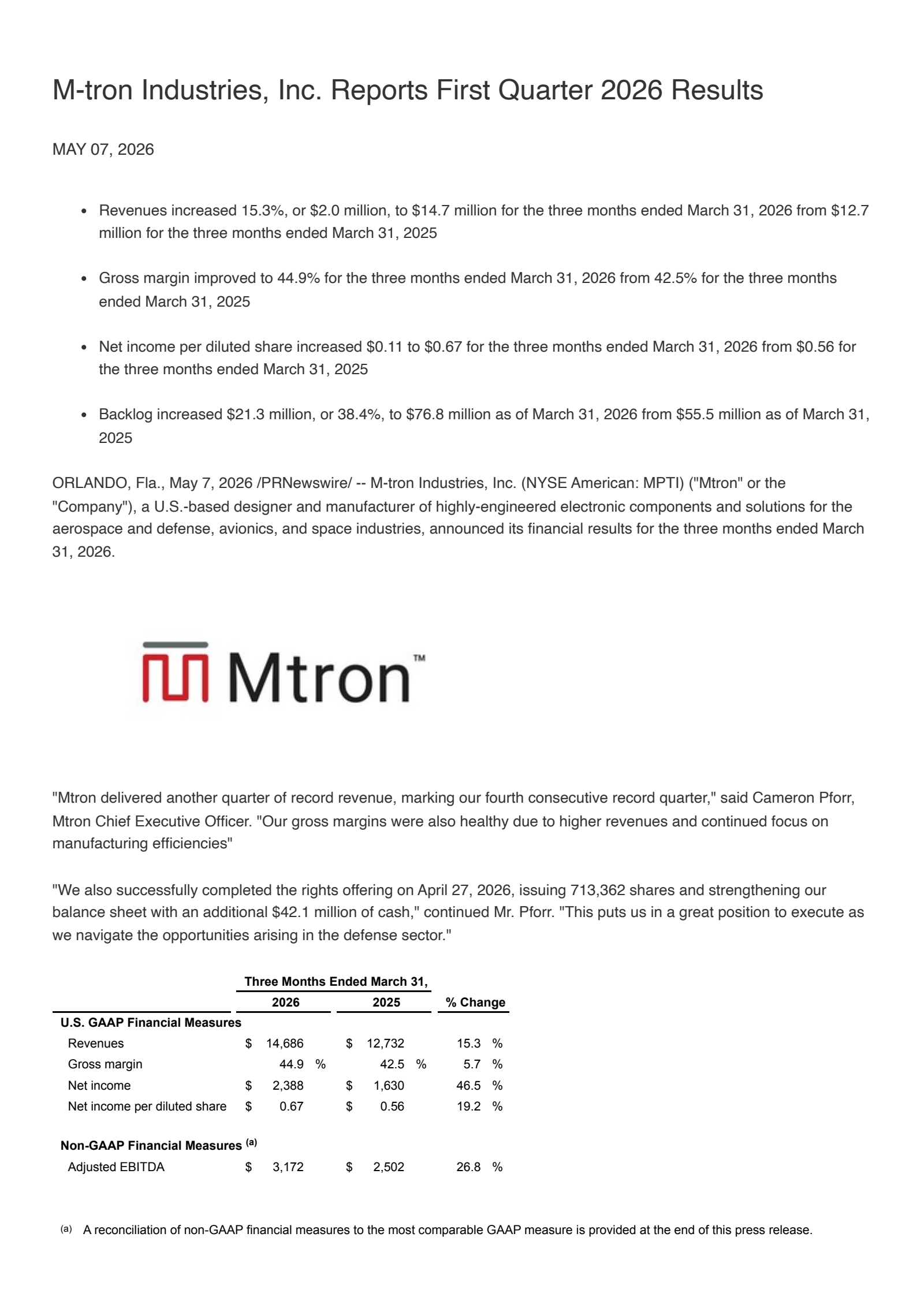 M-tron Industries' Q1 2026 Press Release