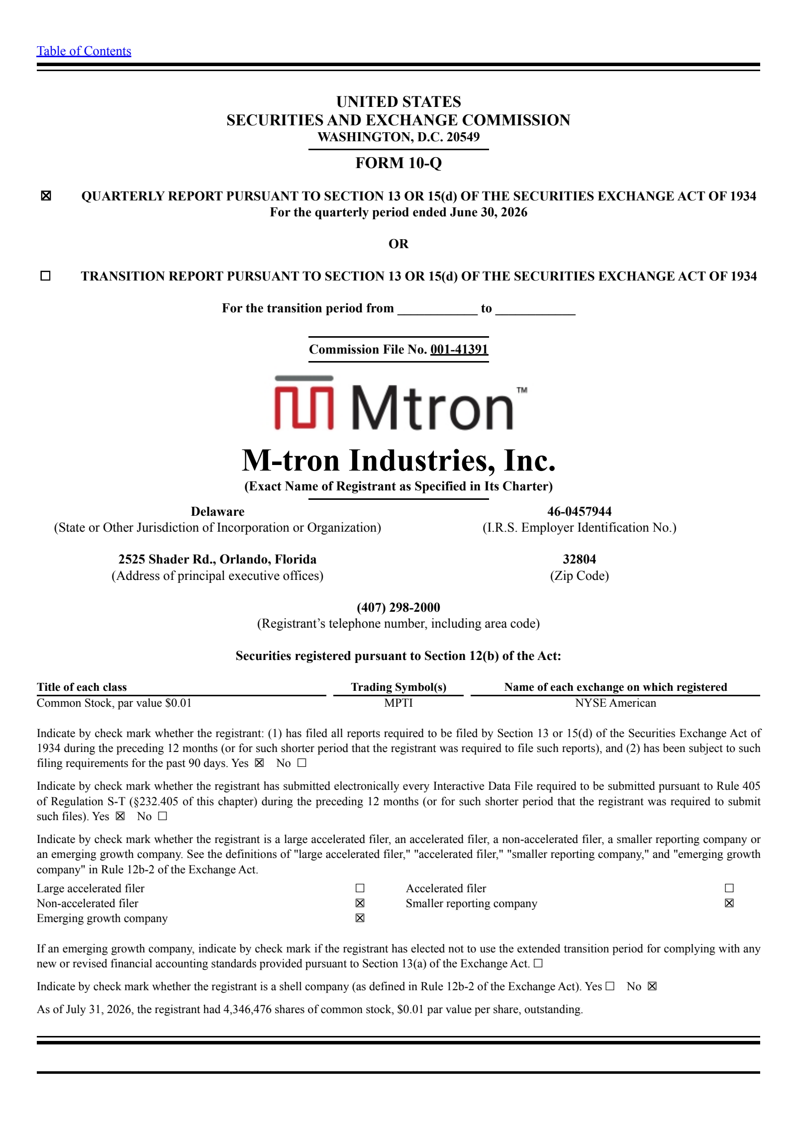 M-tron Industries' Q2 2026 Quarterly report