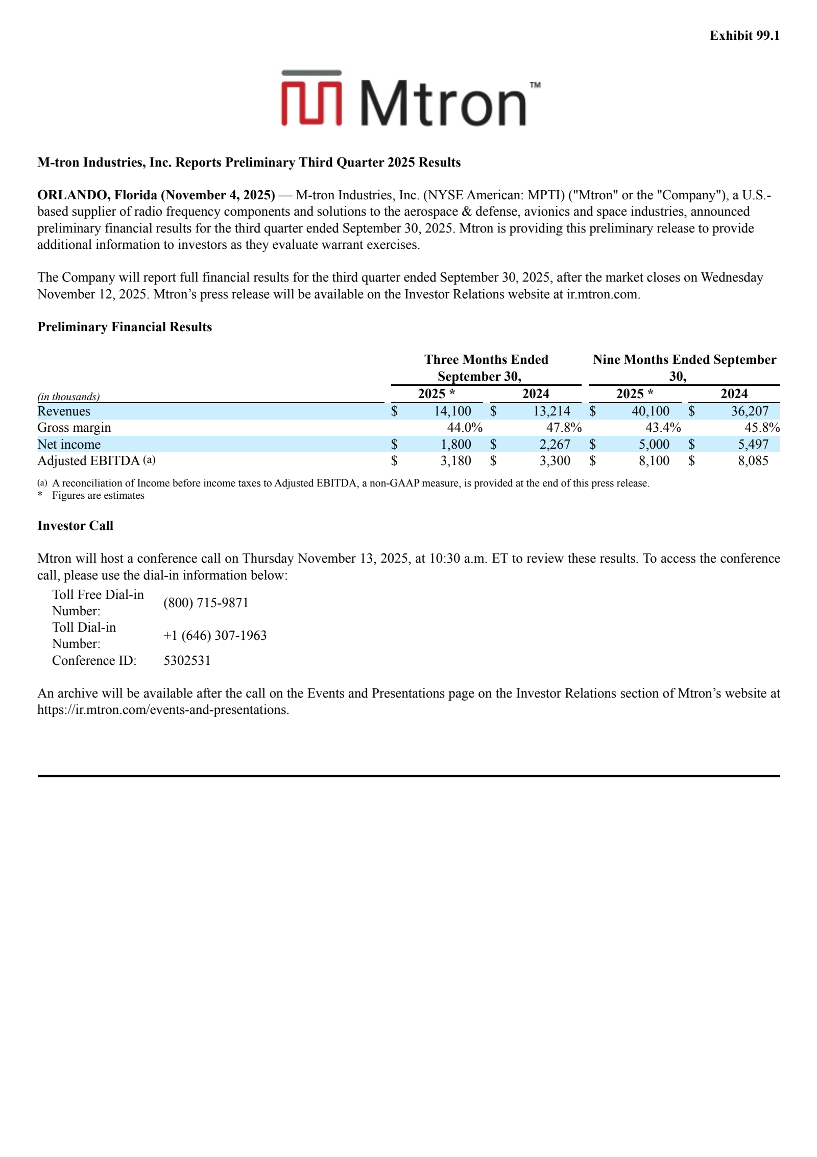 M-tron Industries' Q3 2025 Earnings Release